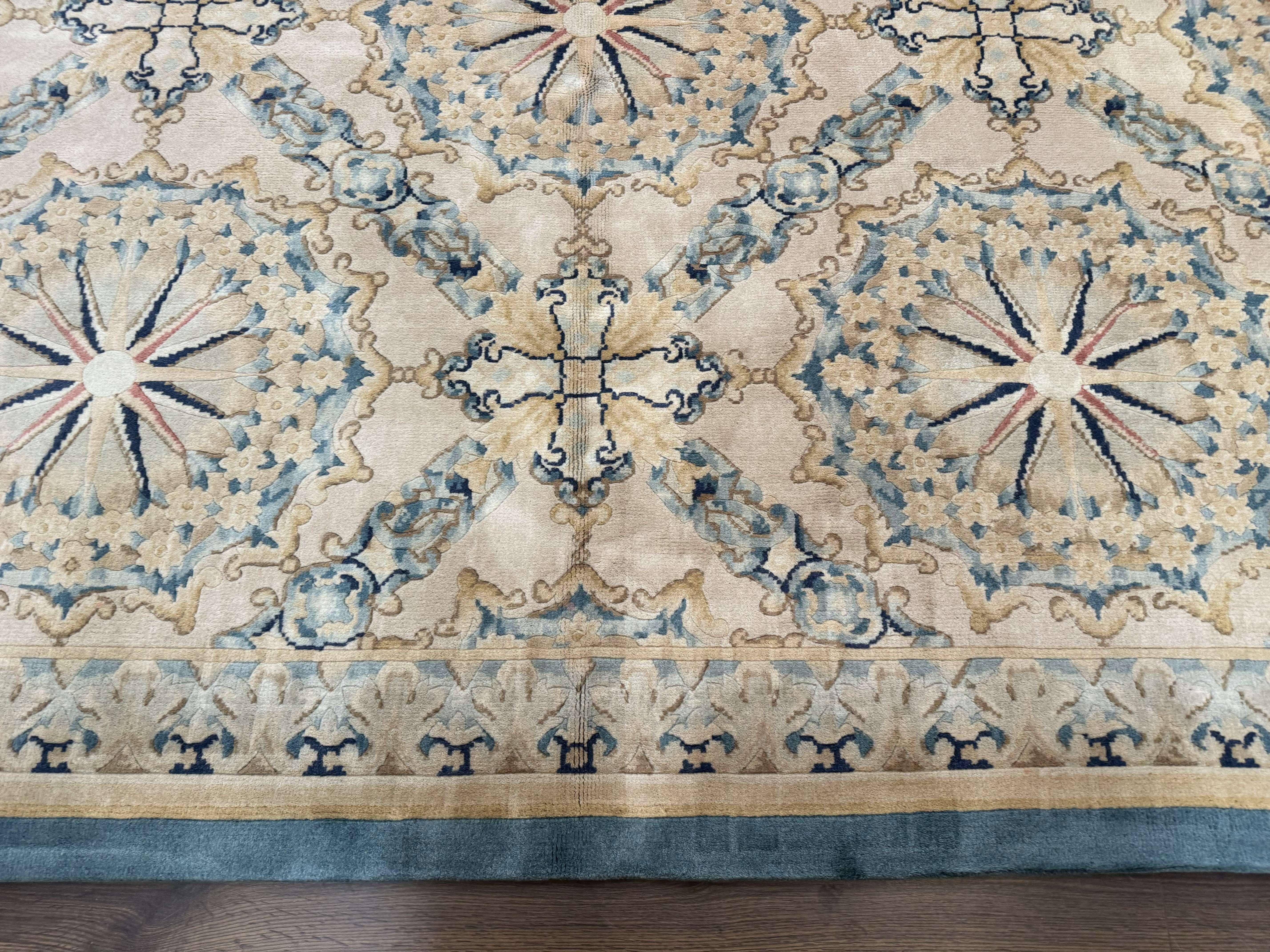 Aubusson Rug 8x10, French European Design, Soft Thick Wool Pile, Off White and Light Blue, Carving Sculpted Rug - Jewel Rugs