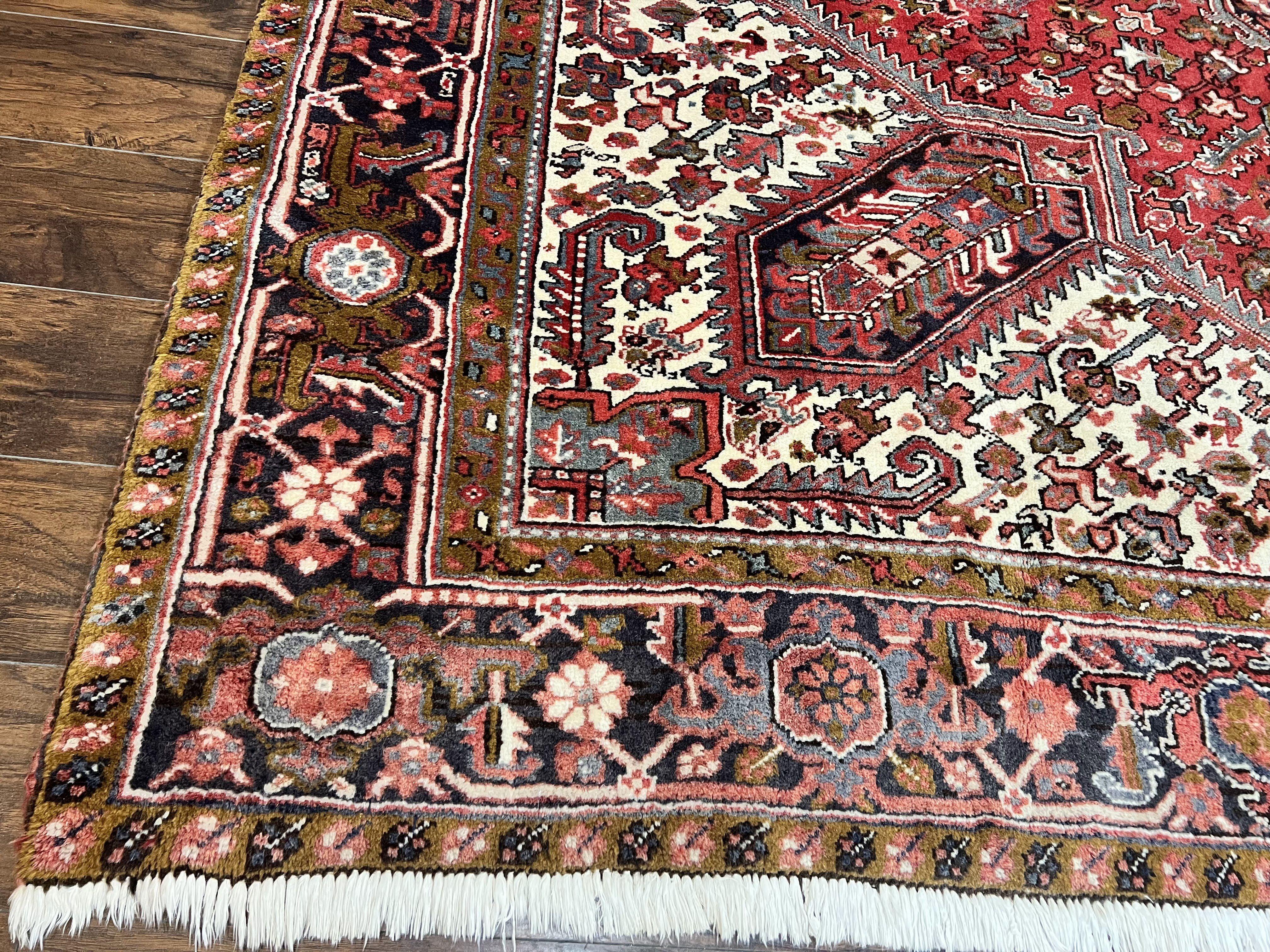 Large Persian Heriz Rug 10x13, Wool Hand Knotted Antique Carpet, Red and Ivory, Geometric Tribal Room Sized Rug, Decorative Oriental Rug - Jewel Rugs