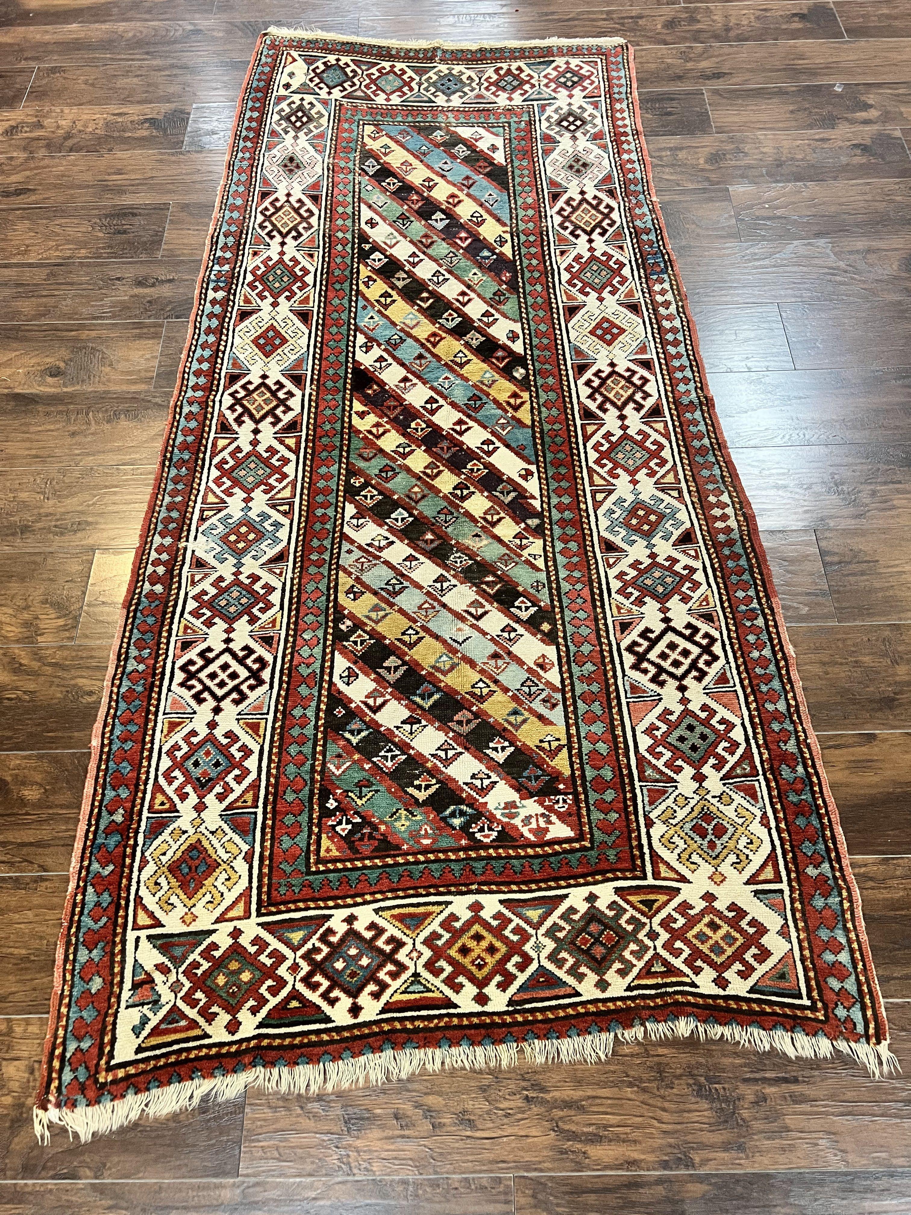 Caucasian Kazak Runner Rug 3.6 x 8, Wool Hand Knotted Antique 1880s Carpet, Ivory & Multicolor Stripes Oriental Runner Rug, Hallway Rug - Jewel Rugs