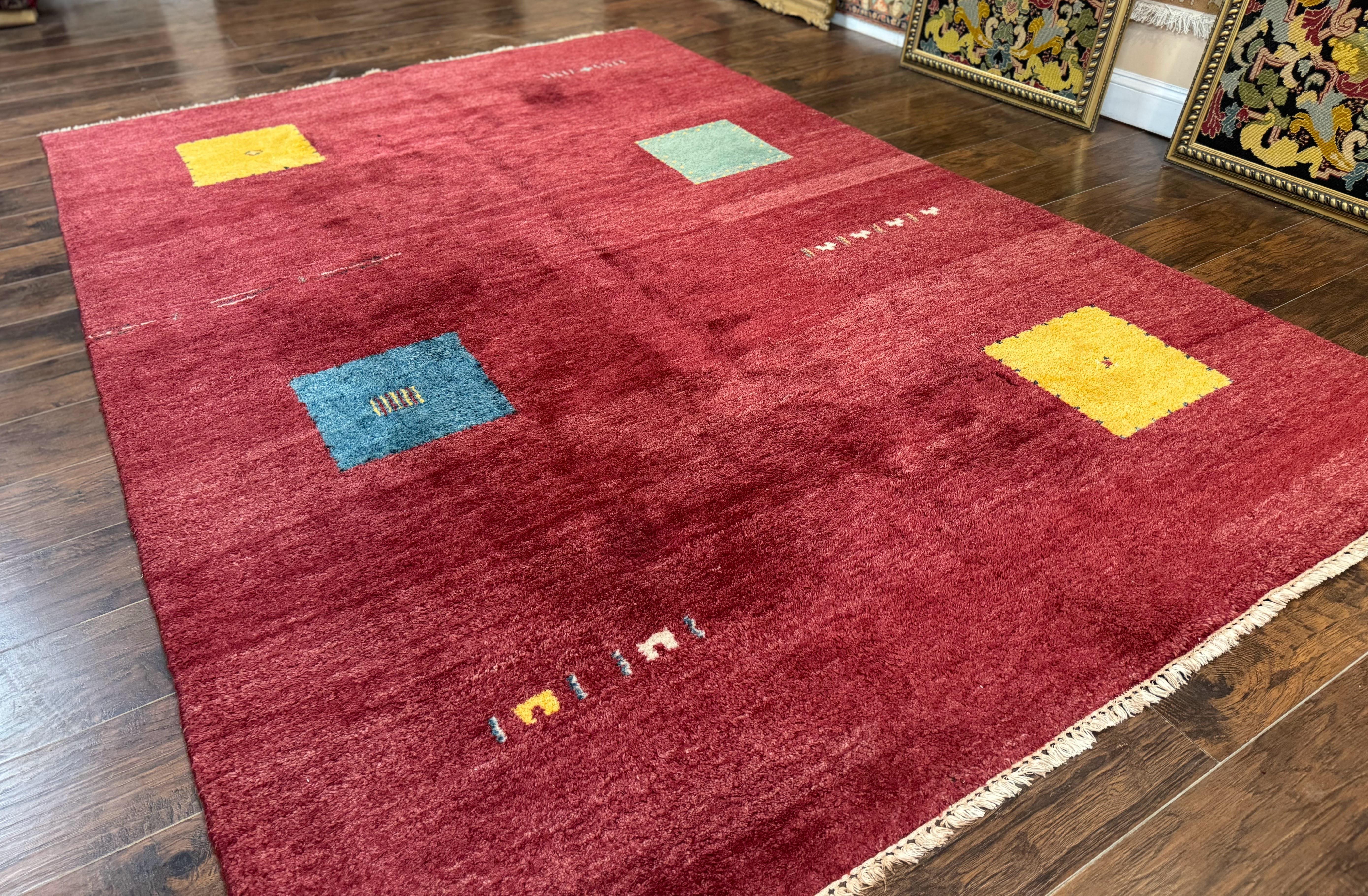 Modern Indo Persian Gabbeh Rug 7x10, Red, Tribal Area Rug - Jewel Rugs