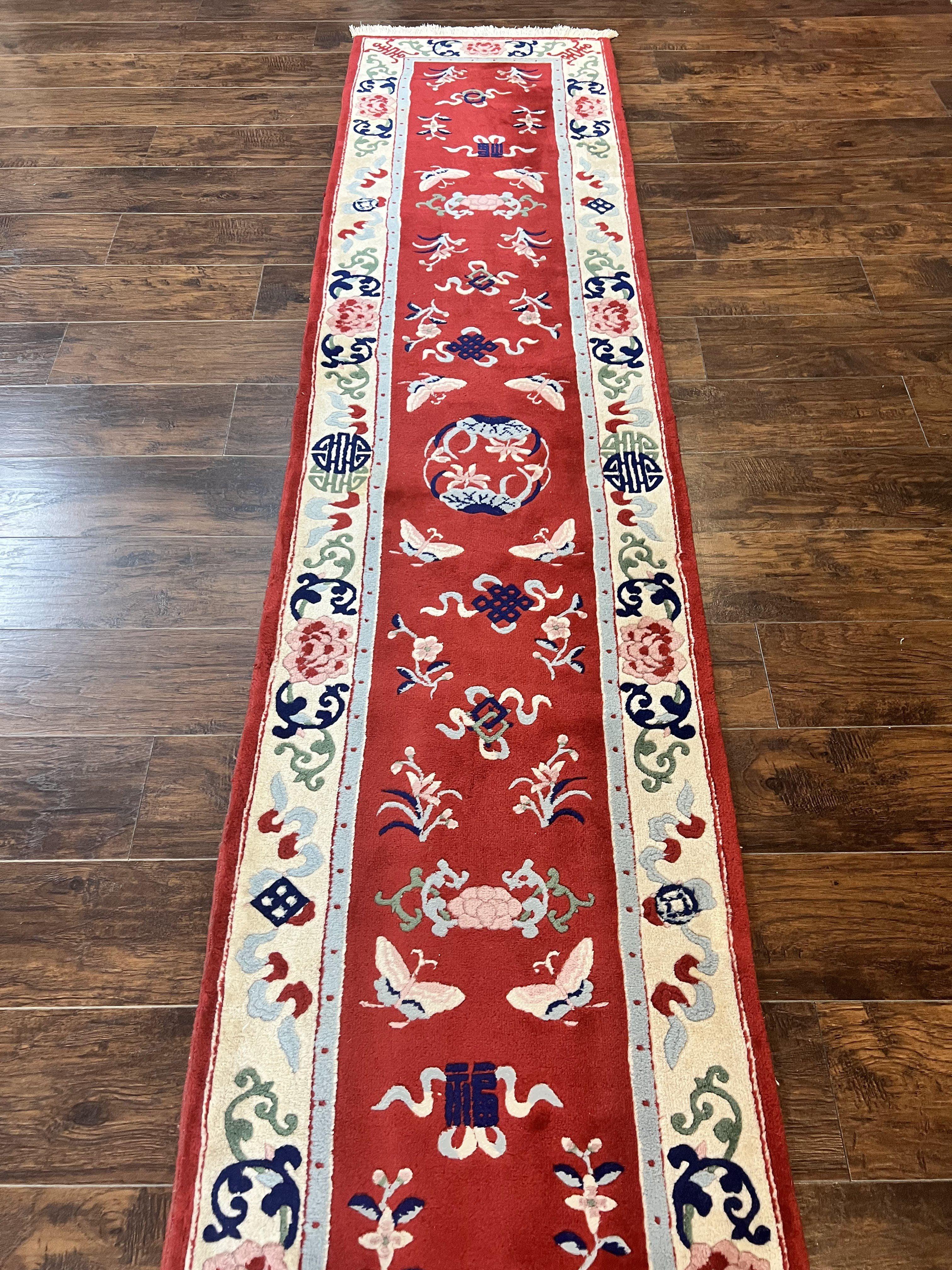 Chinese Wool Runner Rug 2x11, Red and Cream, Butterflies, Handmade Vintage Wool Asian Oriental Carpet 2 x 11, Chinese Carving Rug, 120 Line - Jewel Rugs