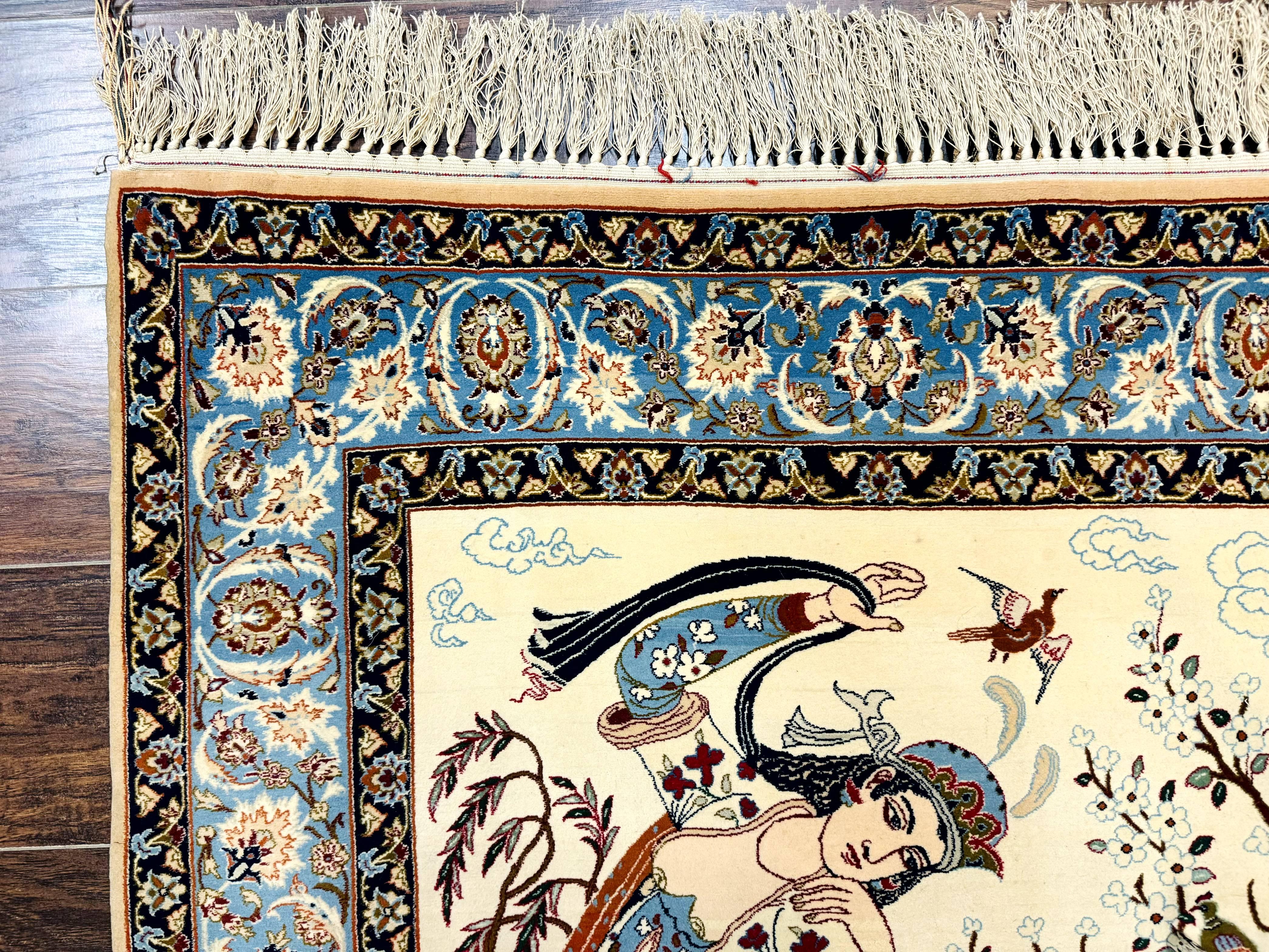 Persian Isfahan Pictorial Rug, Two Lovers, Kork Wool on Silk Foundation, Ivory and Light Blue, 500 KPSI Super Fine - Jewel Rugs