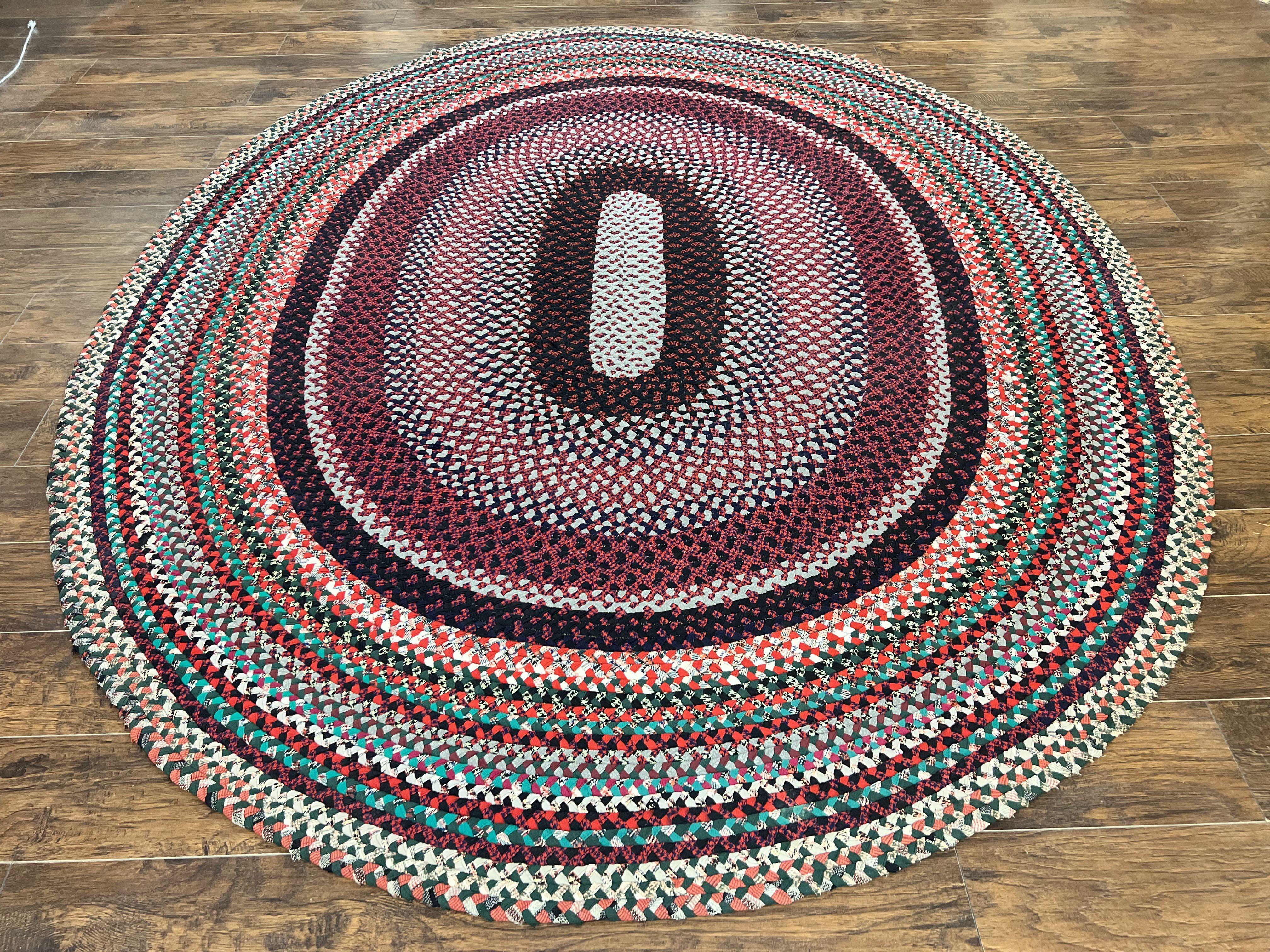 Large American Braided Rug 8x10, Multicolor Reds, Hand Braided Oval Carpet, Vintage - Jewel Rugs