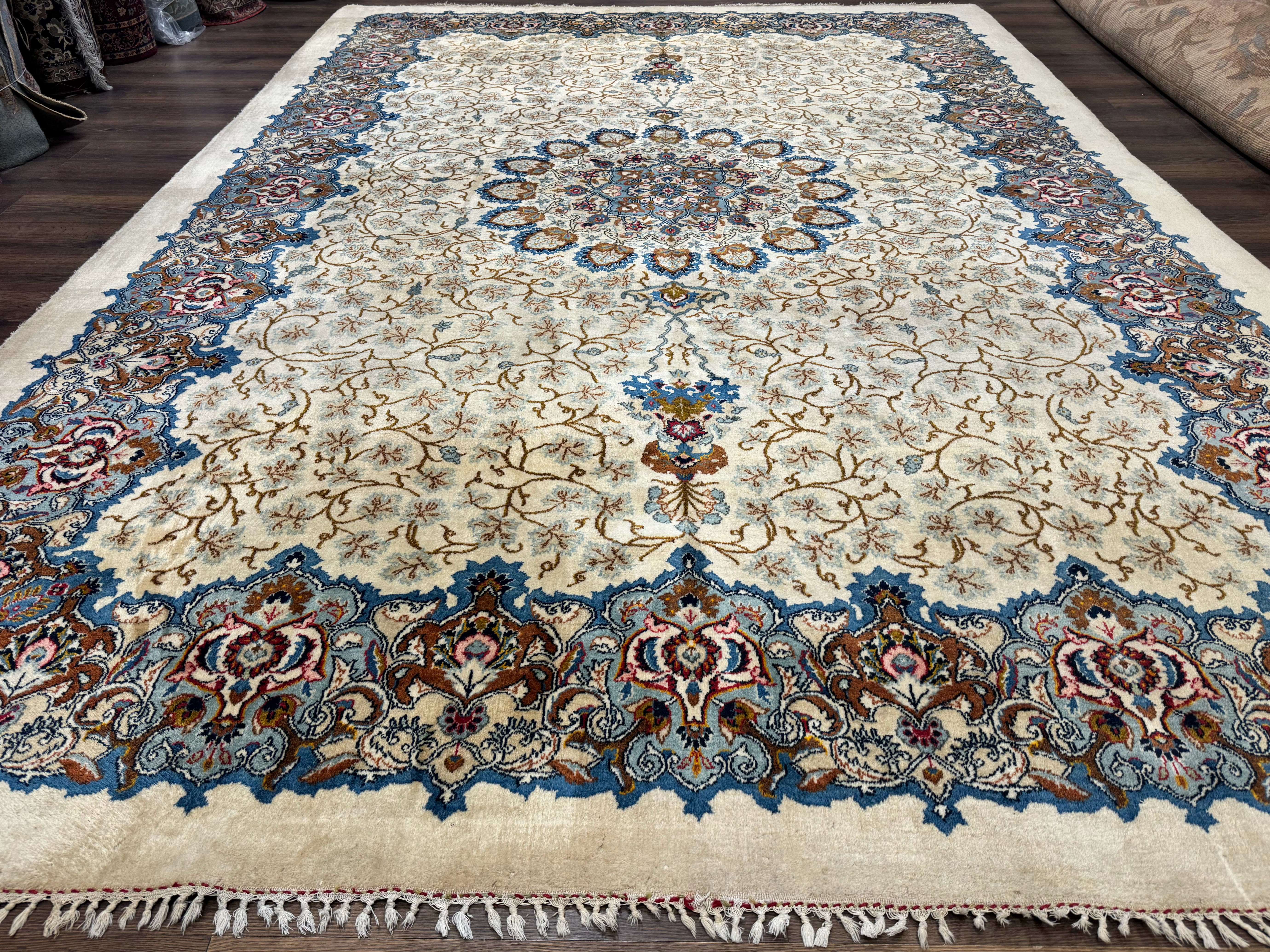 Persian Kashan Rug 9 x 12.6, Ivory and Blue, Floral Medallion, Wool Hand Knotted Semi Antique Carpet - Jewel Rugs