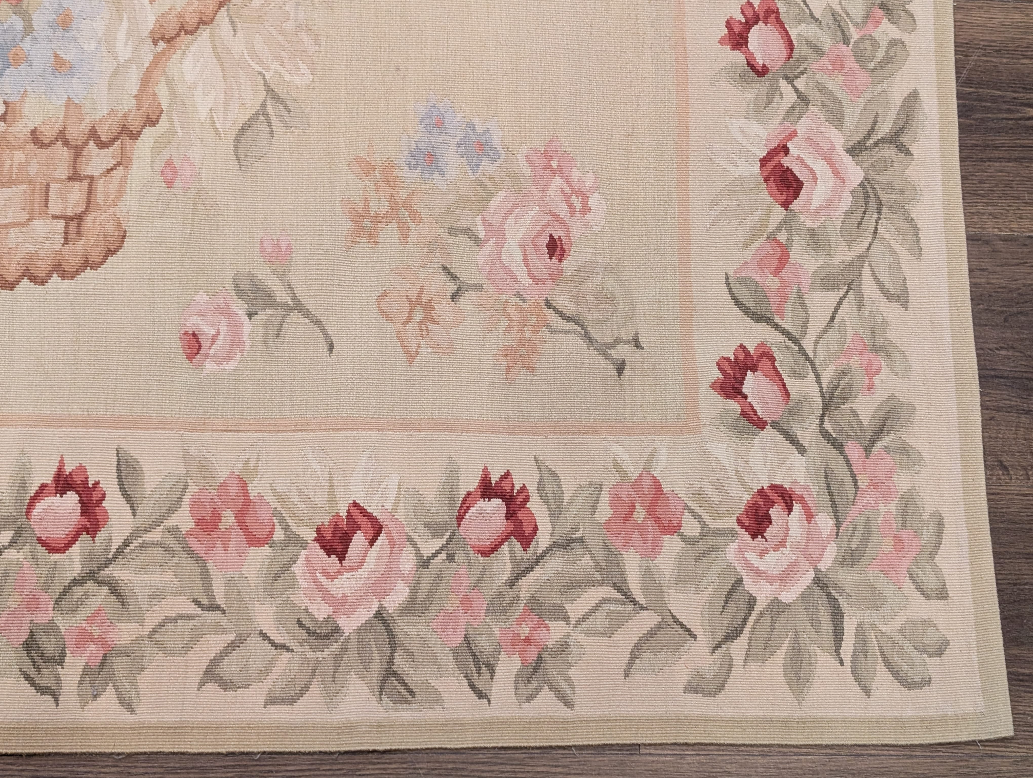 Square Aubusson Rug 4.8 x 5, French Vintage Floral European Wool Carpet - Jewel Rugs