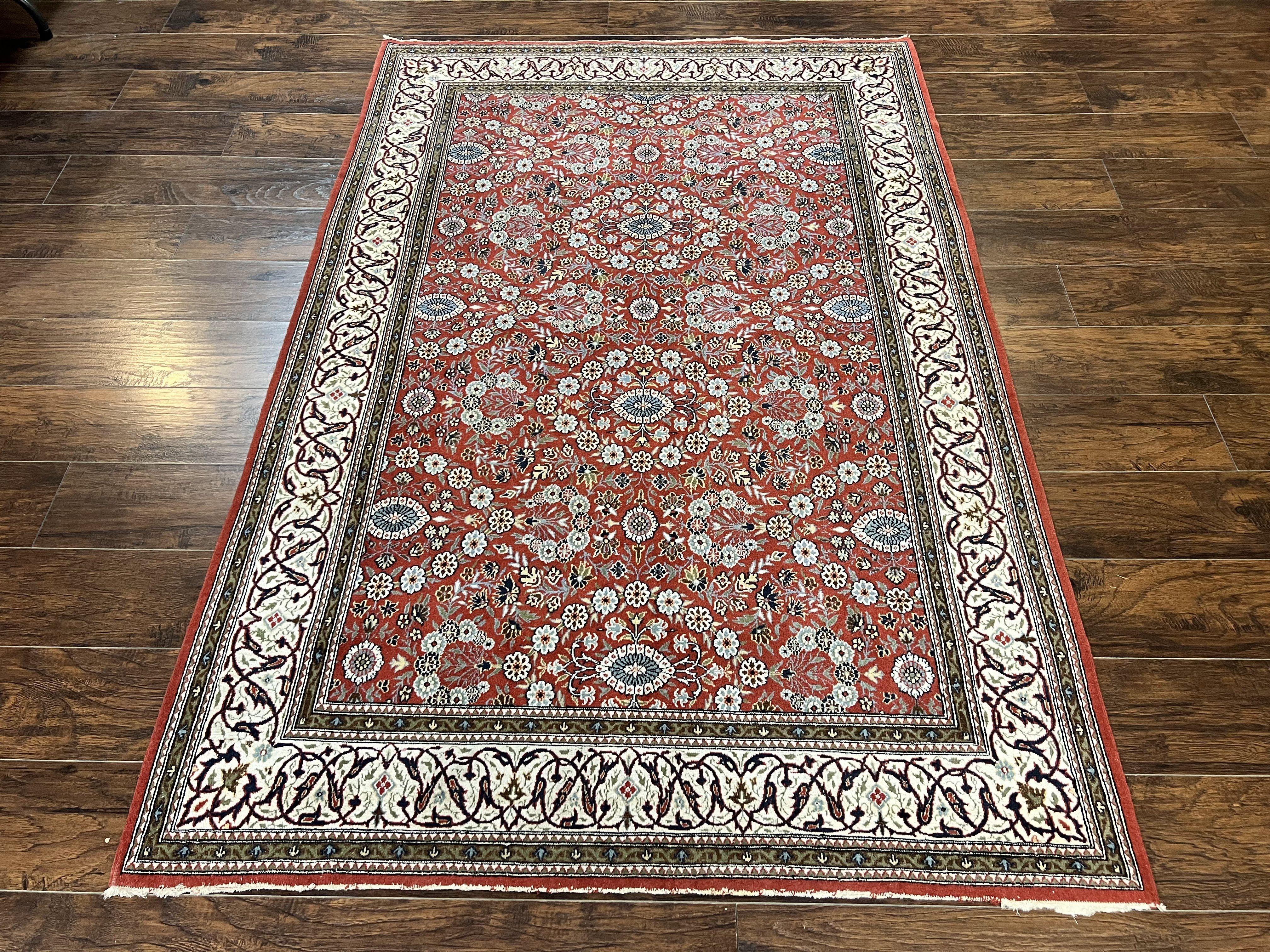 Red Persian Qum Rug 5 x 7.6, Hand Knotted Vintage Wool Fine Carpet 270 KPSI, Floral Allover - Jewel Rugs
