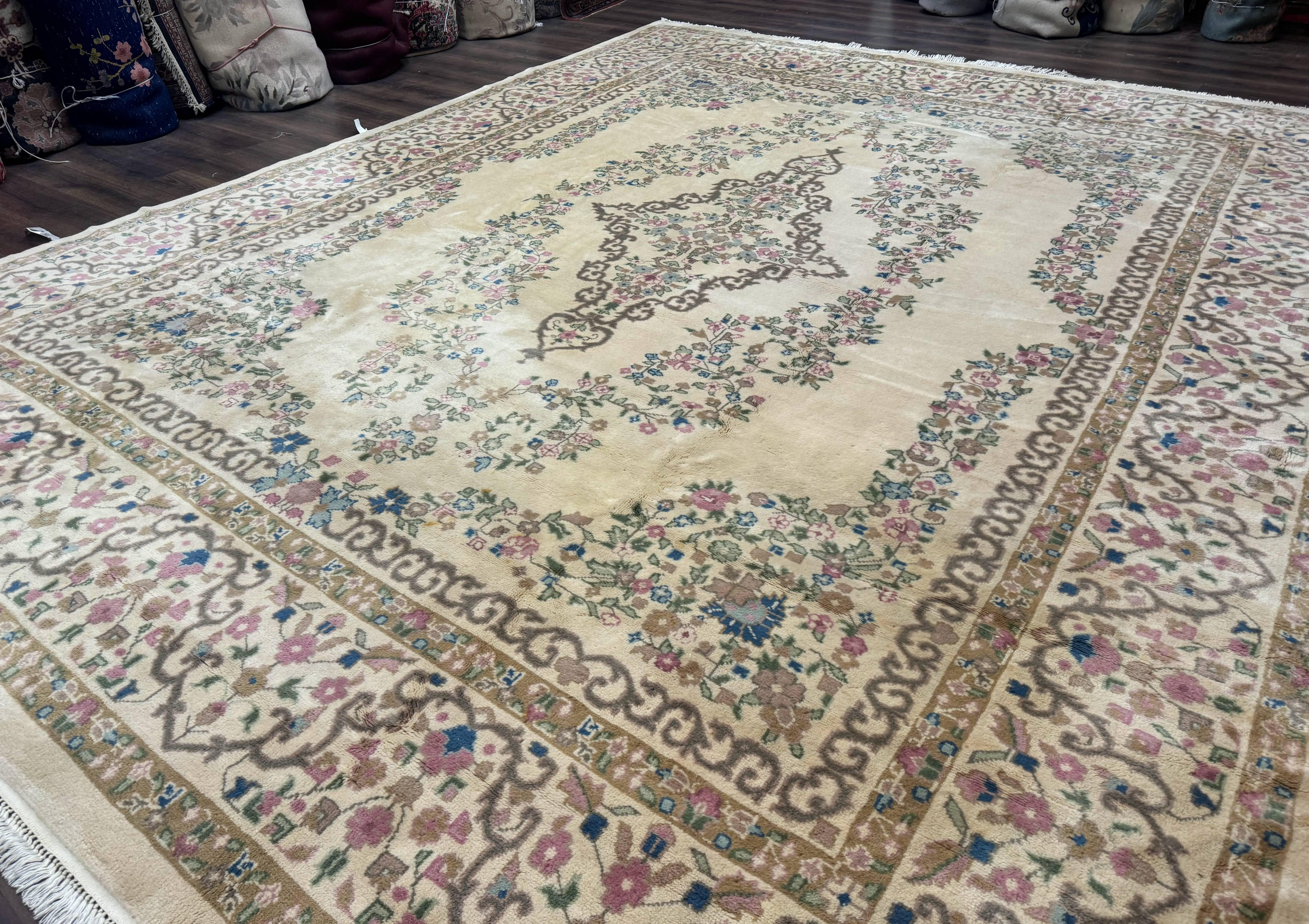 Indo Persian Rug 12x15, Palace Sized Carpet, Oversized Wool Handmade Rug, Kerman Rug, Semi Open Field, Pande Cameron Rug, Beige - Jewel Rugs