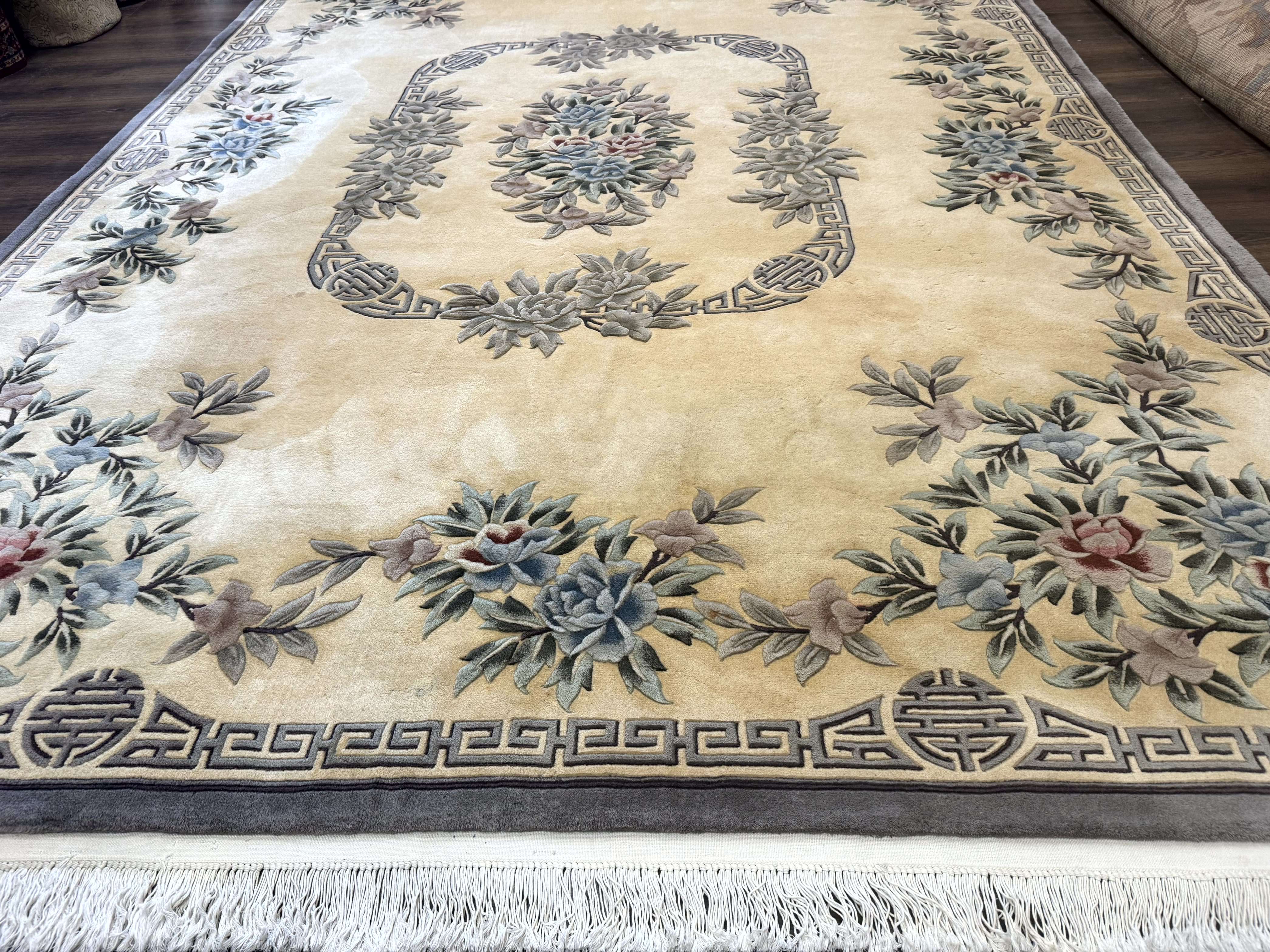 Chinese Wool Rug 9x12, Carving 90 Line Carpet, Floral, Cream and Green - Jewel Rugs