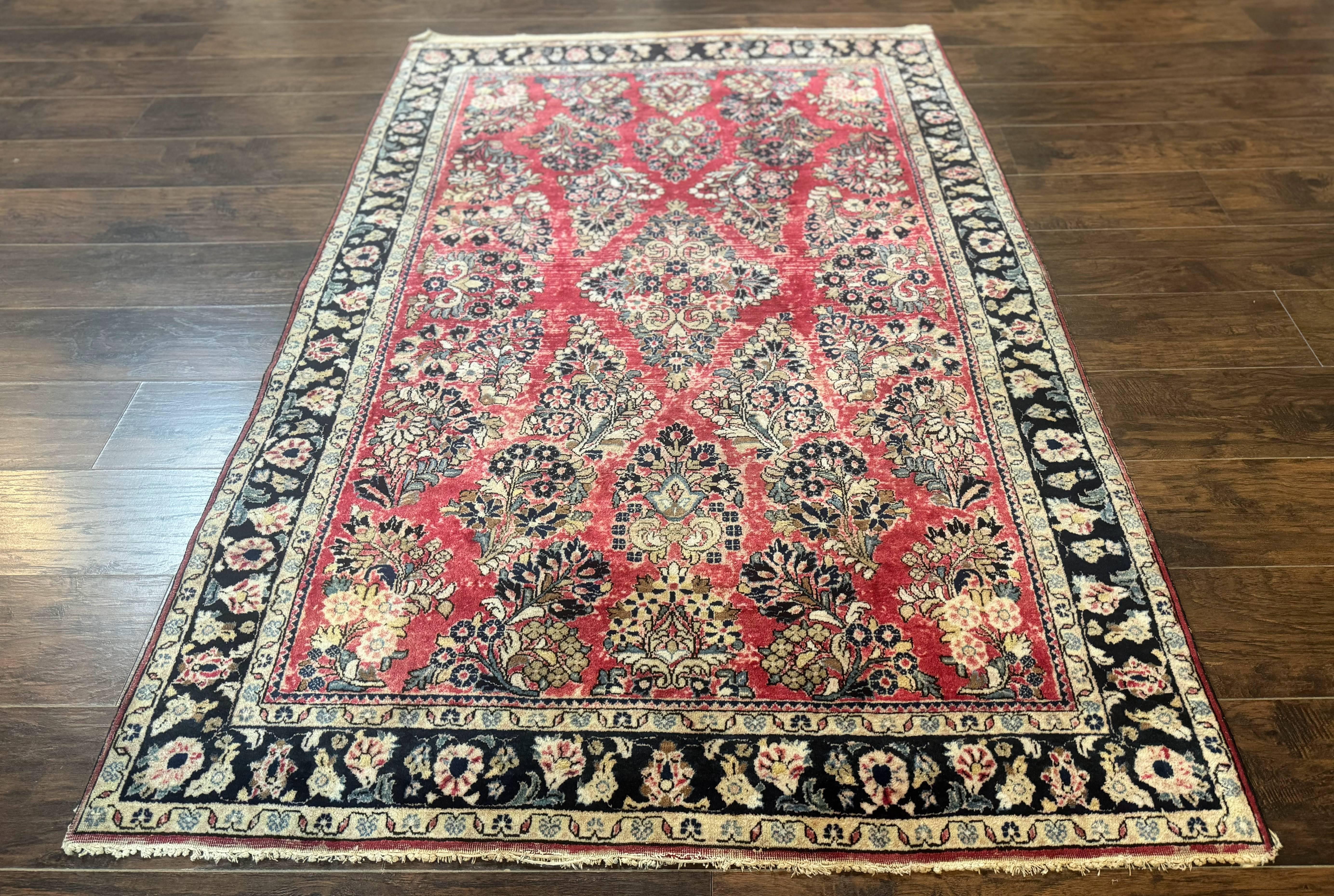 Antique Persian Sarouk Rug 4x7, Floral, Red 1920s Persian Wool Carpet - Jewel Rugs