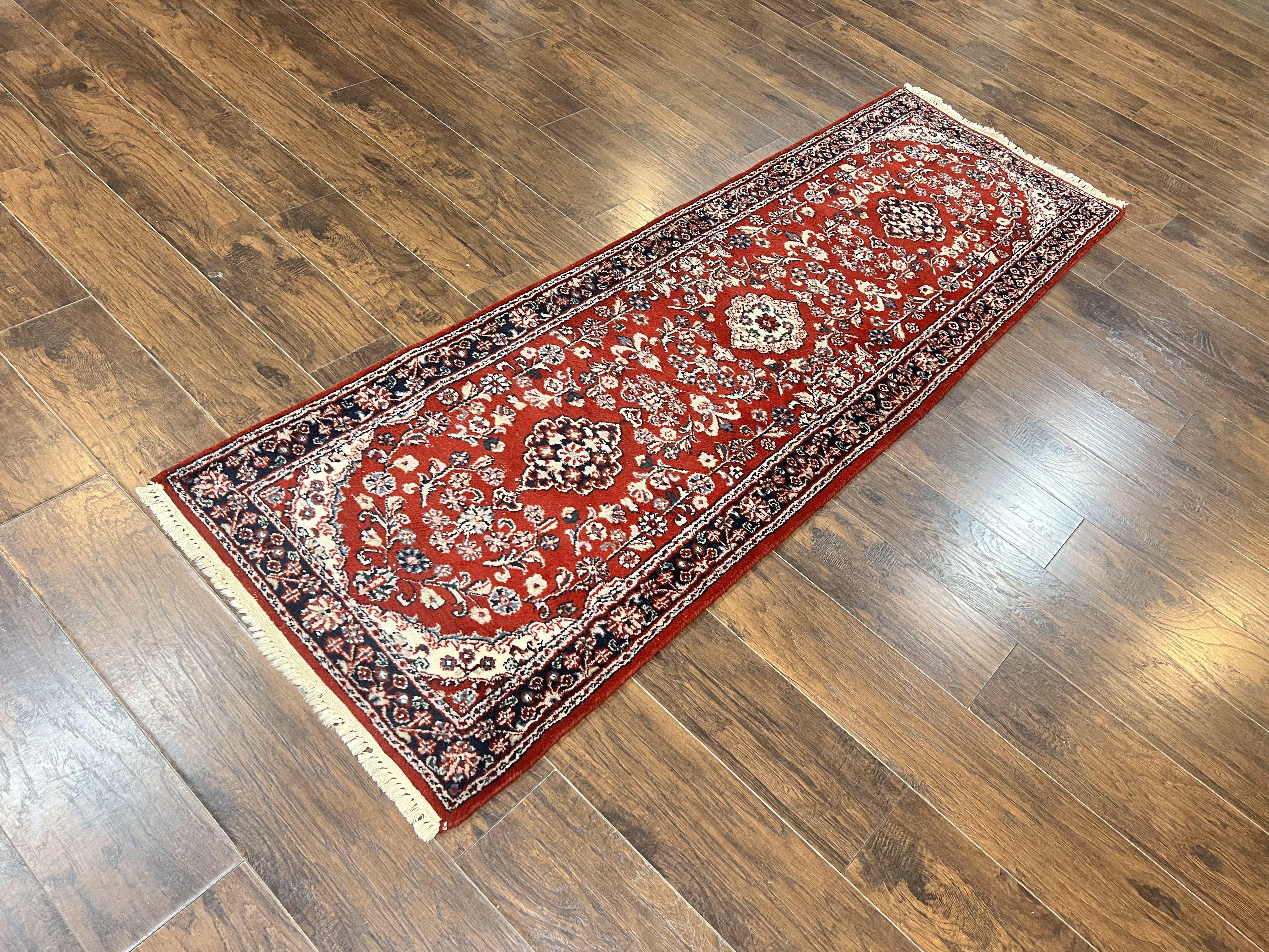 Indo Sarouk Runner Rug 3x8, Wool Hand Knotted Vintage Carpet, Red & Navy Blue Oriental Persian Runner 3 x 8, Floral Hallway Rug - Jewel Rugs