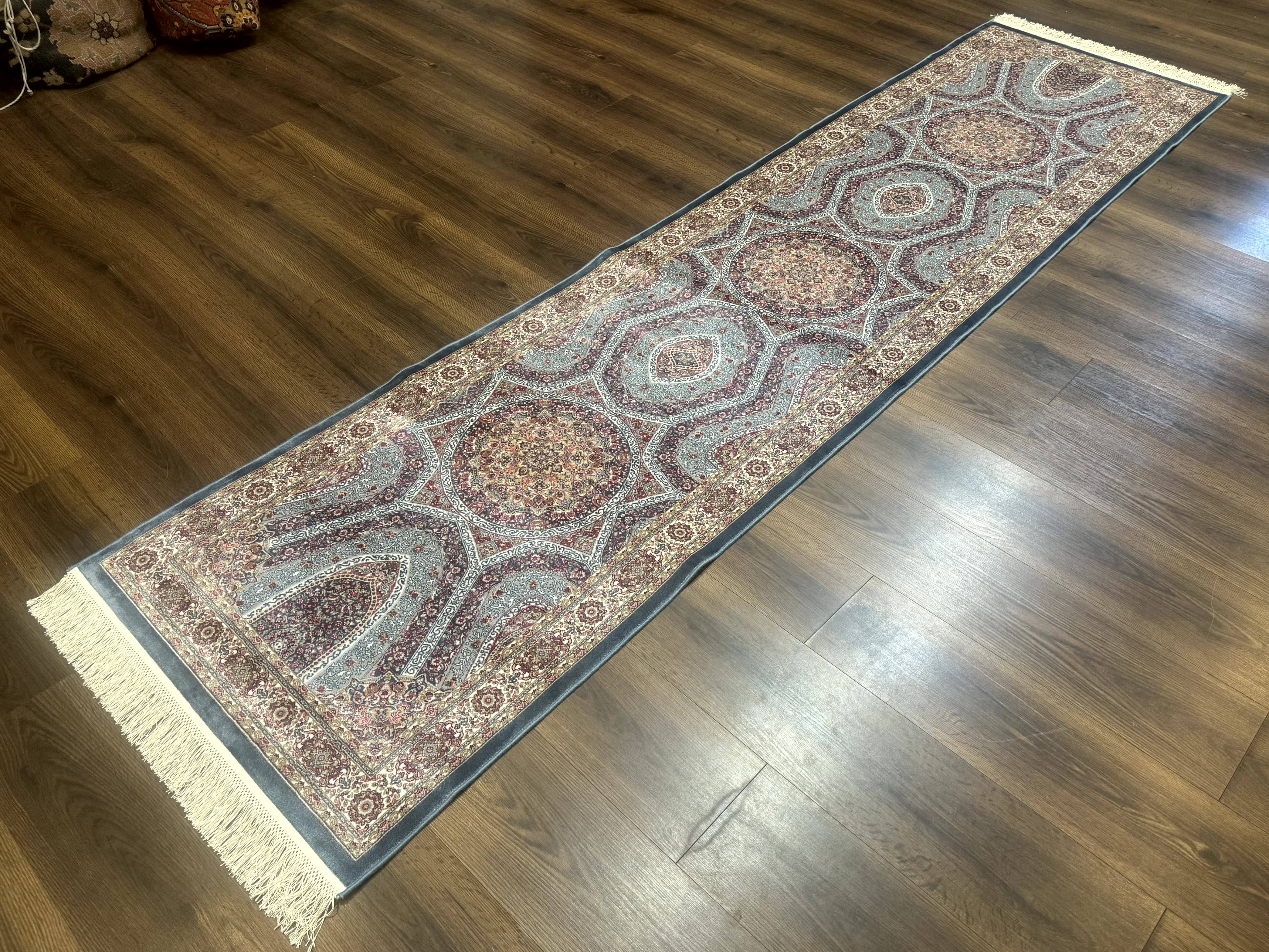 Turkish Silk Runner Rug 2.6 x 10, Light Blue Carpet, Bamboo Silk, New - Jewel Rugs