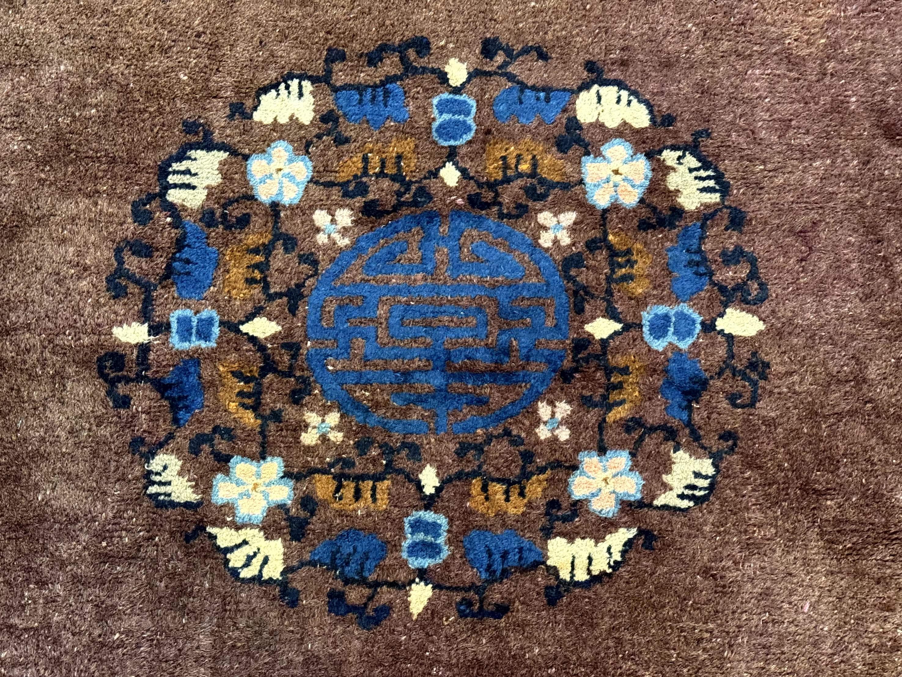 Antique Chinese Wool Rug 9x11, Large Chinese Art Deco Rug, Peking Rug, Brown and Blue, Open Field, Fete Rug - Jewel Rugs