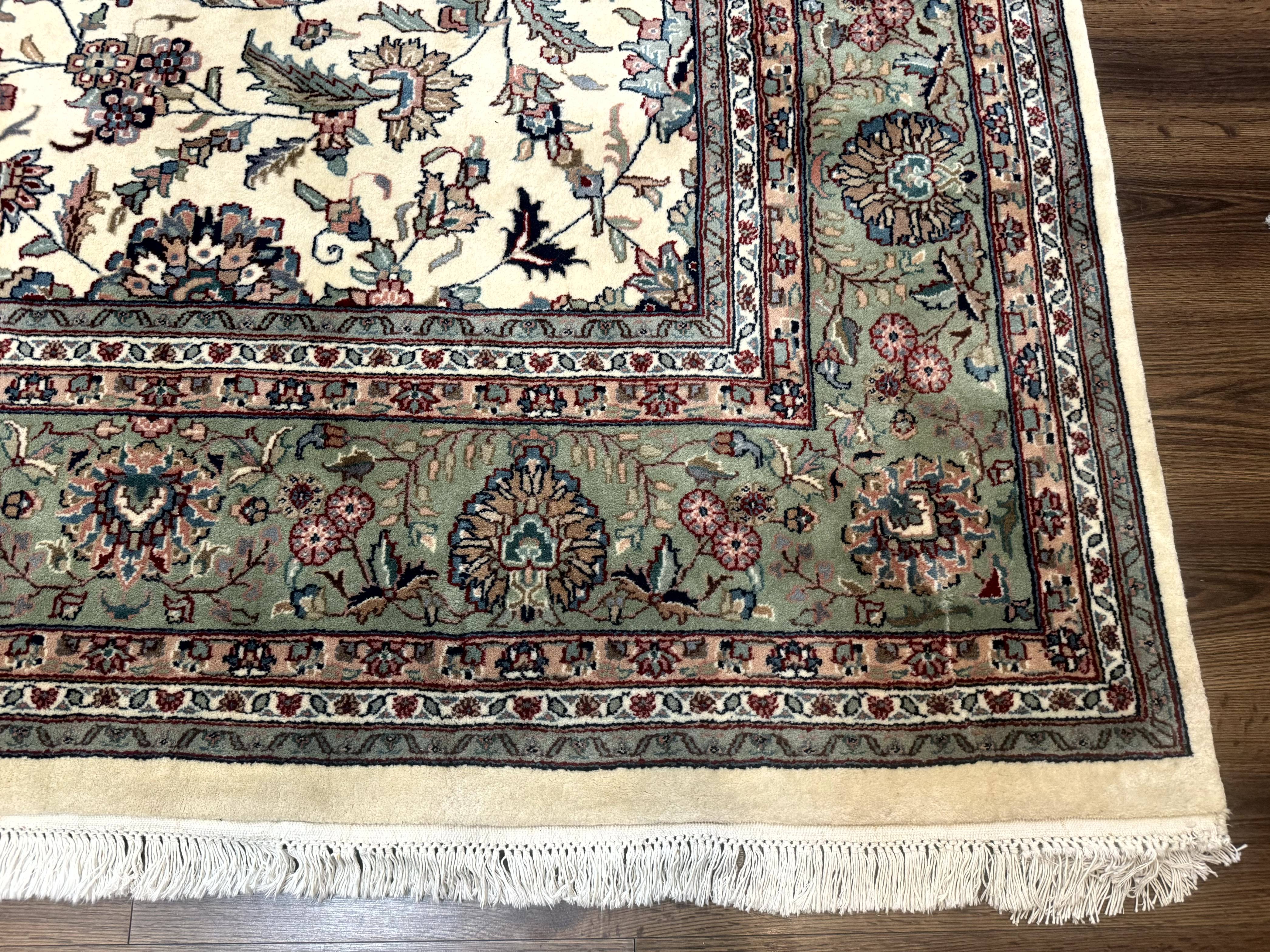 Indo Persian Rug 9x12, Allover Floral Pattern, Ivory & Green, Traditional Oriental Carpet - Jewel Rugs