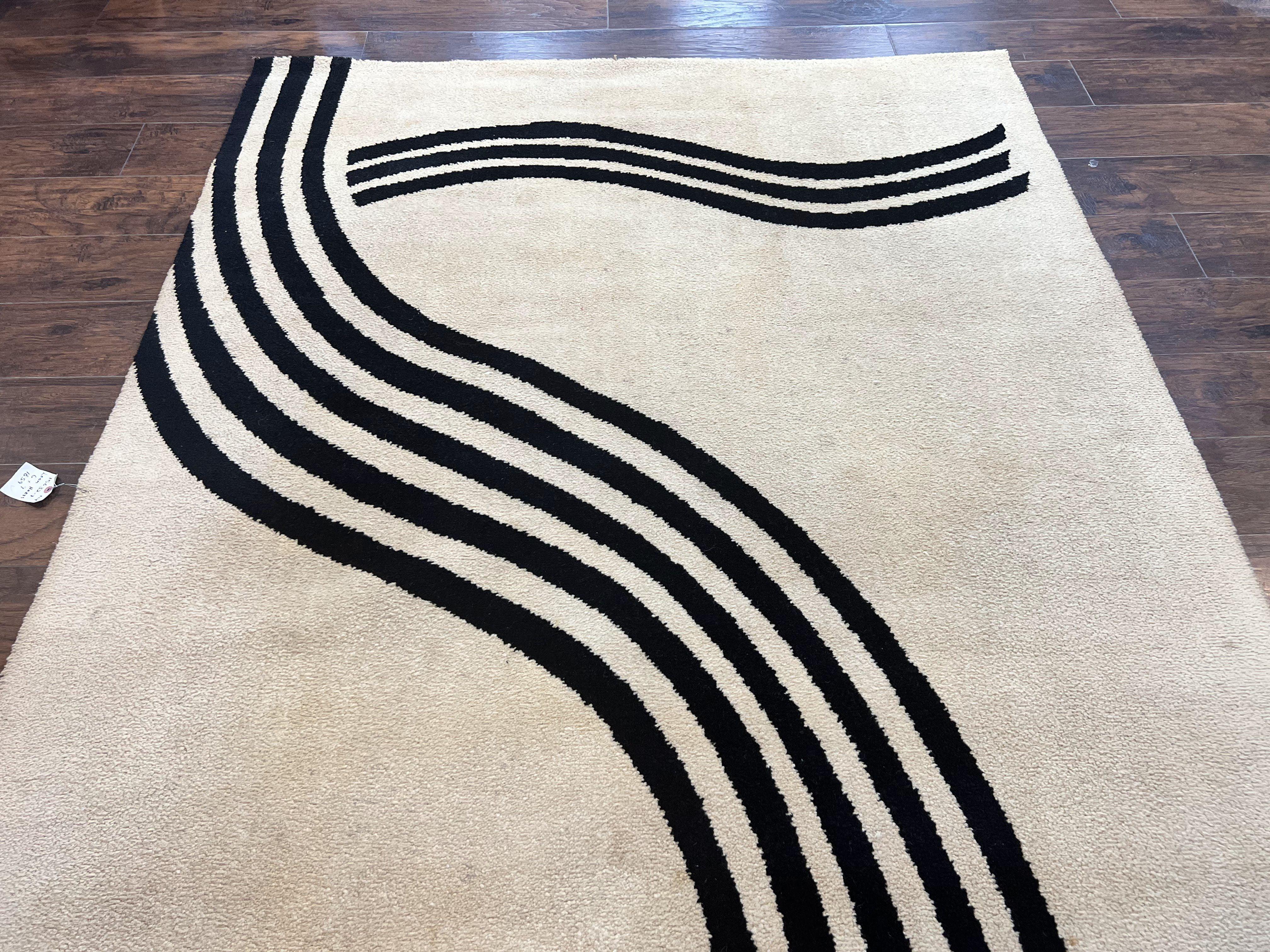 Modern Rug 6x9, Cream and Black, Abstract Pattern - Jewel Rugs