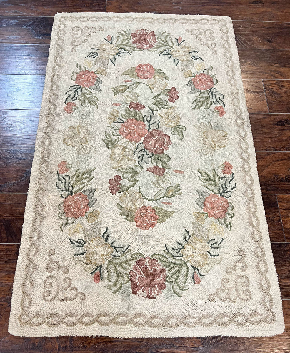 Small Aubusson Design Rug 3x5, Hooked Rug, Needlepoint Pattern, Ivory