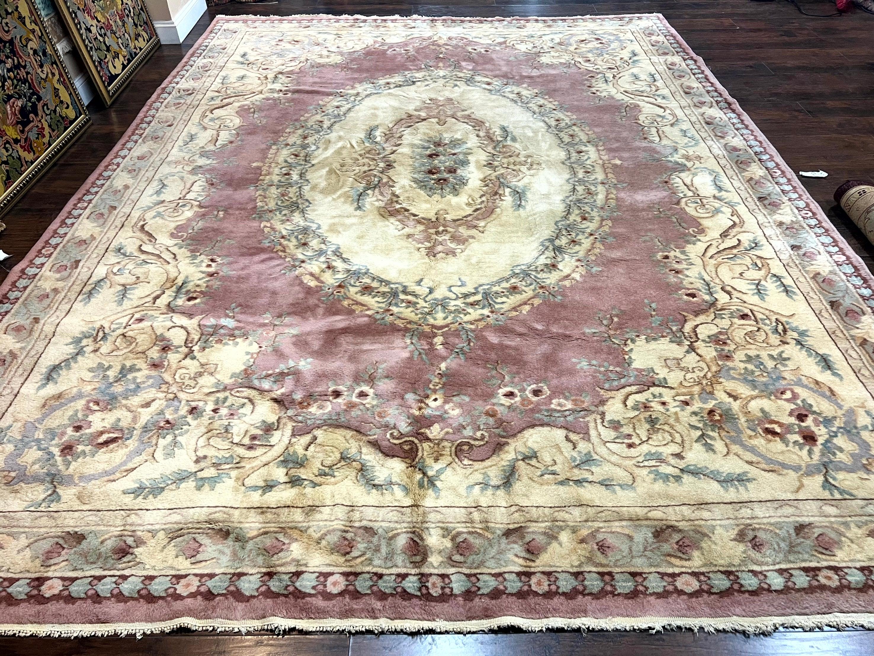 Indo Chinese Aubusson Wool Rug 10x14, Pink and Cream, Handmade Vintage Wool Carpet, Elegant European Design - Jewel Rugs