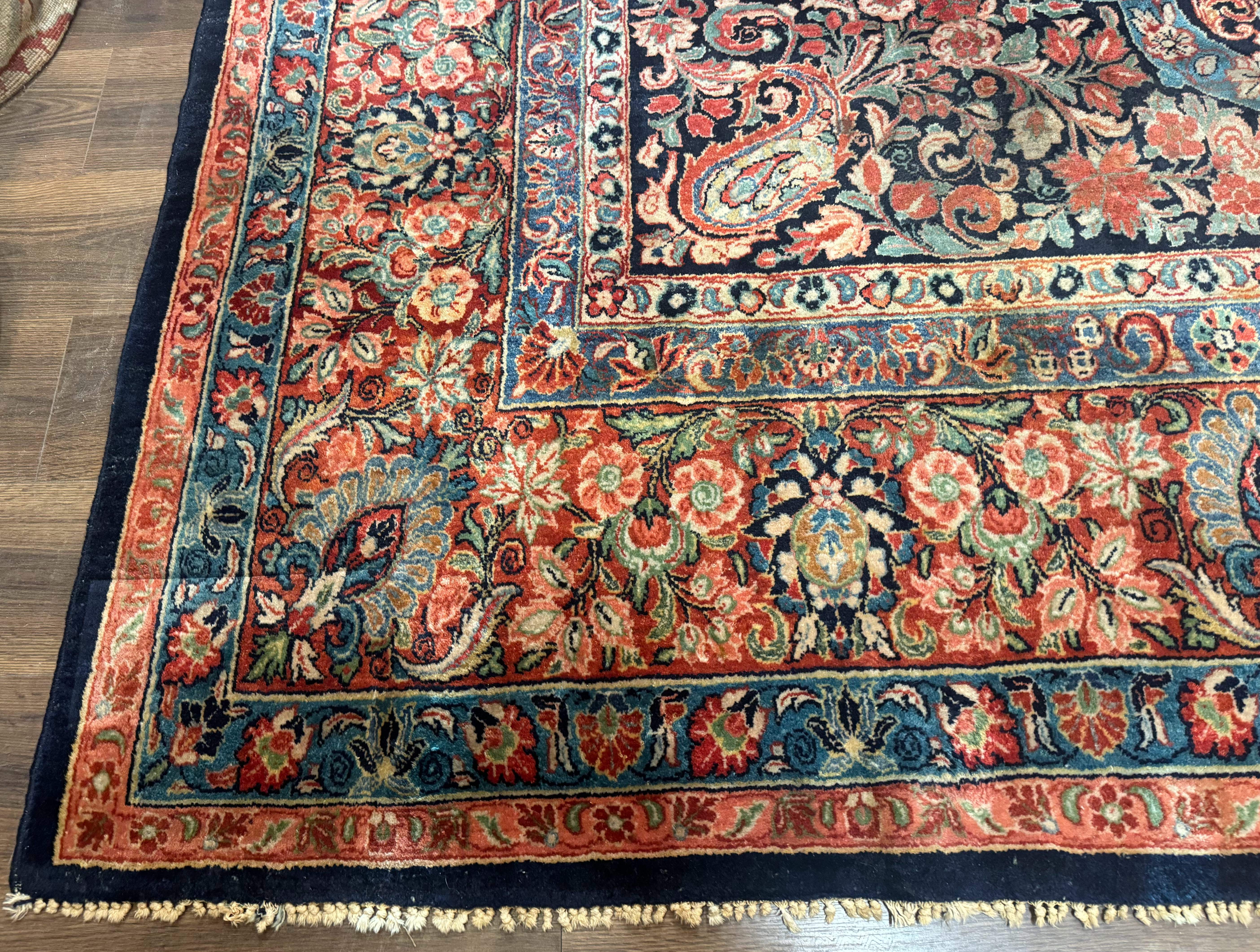 Persian Sarouk Rug 10x16 – Navy Blue and Red, Hand-Knotted Wool Antique Carpet - Jewel Rugs