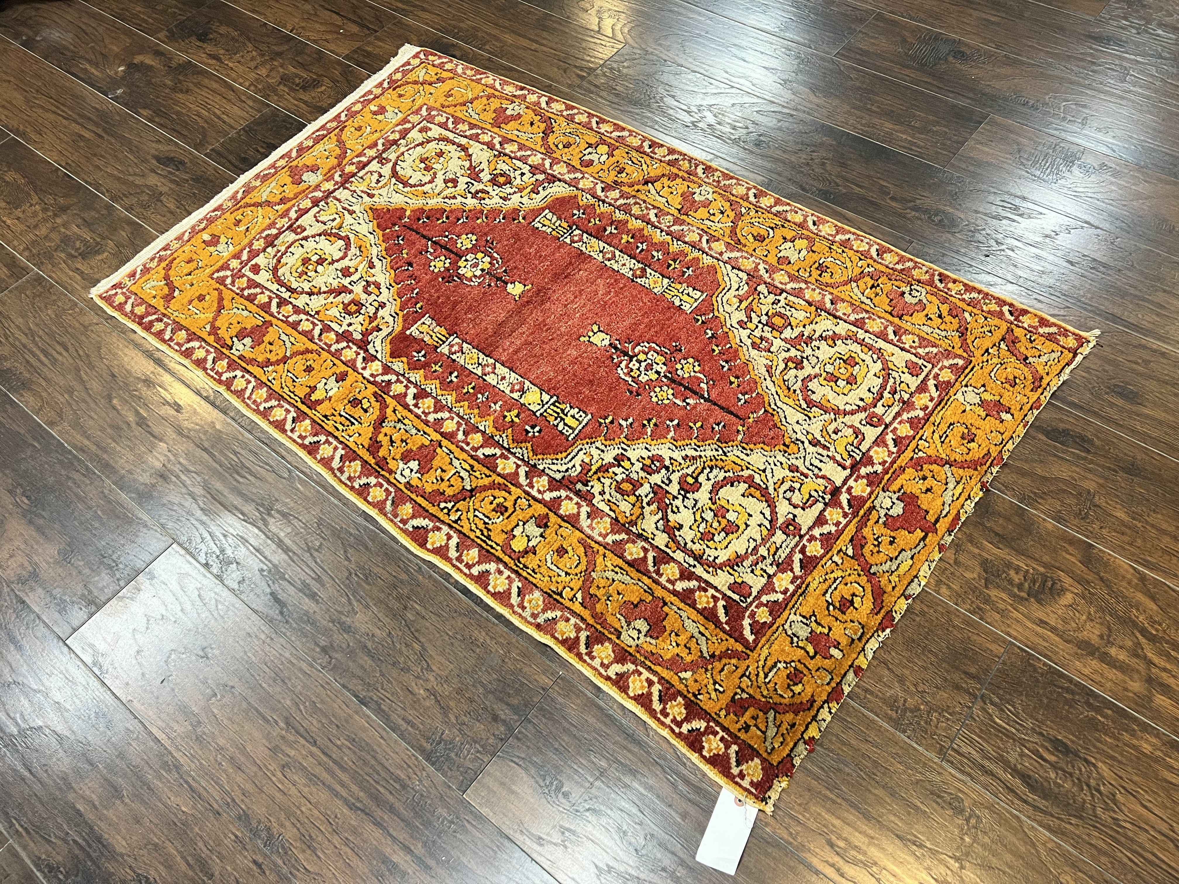 Antique Turkish Prayer Rug 3x5, Hand Knotted Turkish Melas Oushak Wool Carpet, Mehrab Rug, Orange & Red Vintage Rug 3 x 5 Collectible - Jewel Rugs