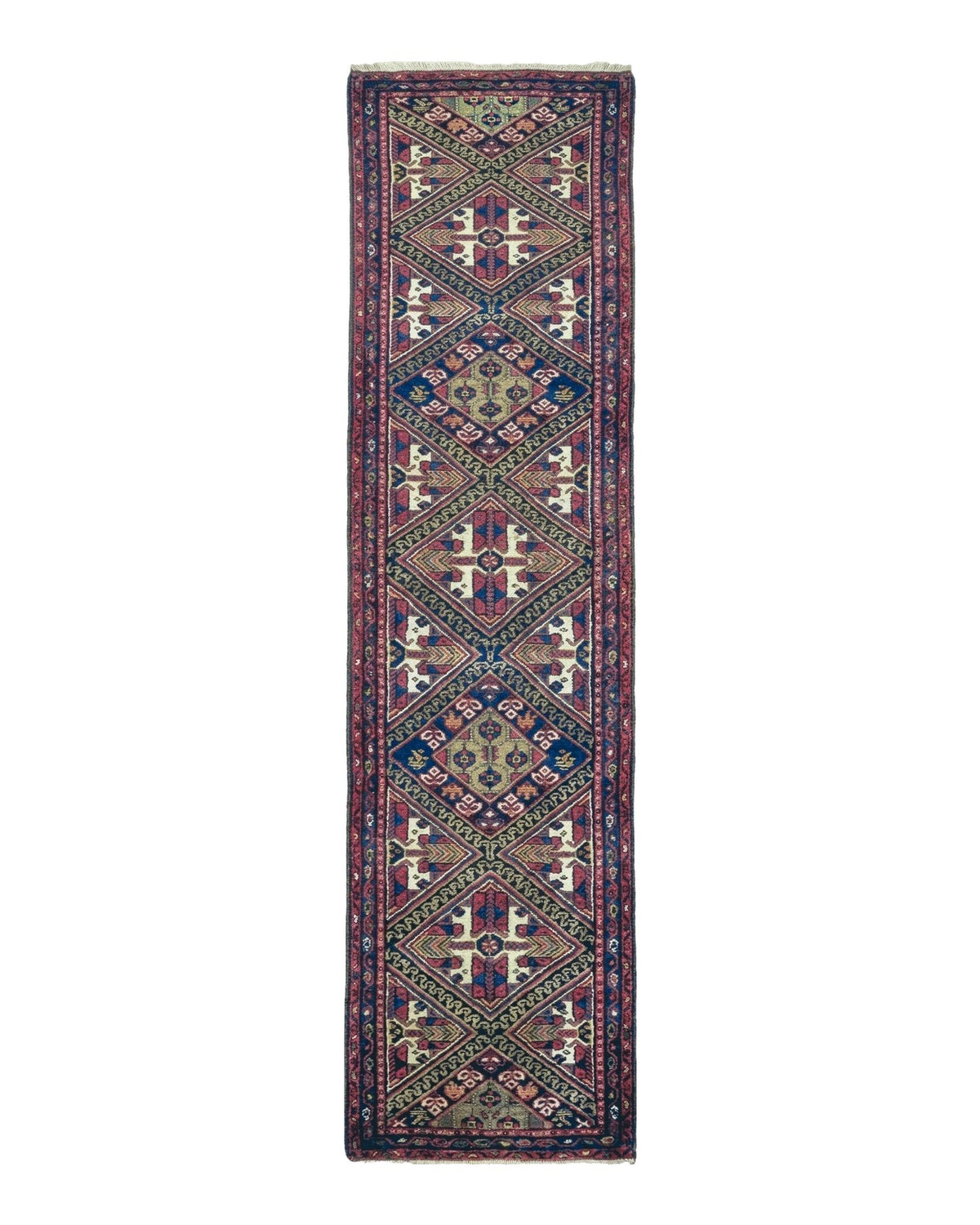 Antique Persian Hamadan Runner 2' 6" x 9' 5", Geometric Medallions, Wool Azerbaijan 2' 6" x 9' 5" in Navy Blue and Ivory, Red - 2605J049