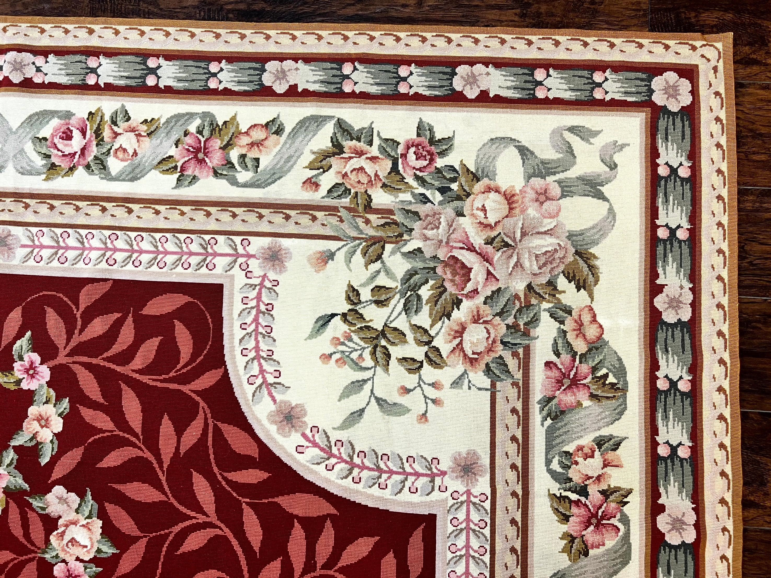 Wonderful Aubusson Rug 9x12, Handmade Vintage Needlepoint Carpet, Red and Ivory, Elegant European Design, Wool - Jewel Rugs