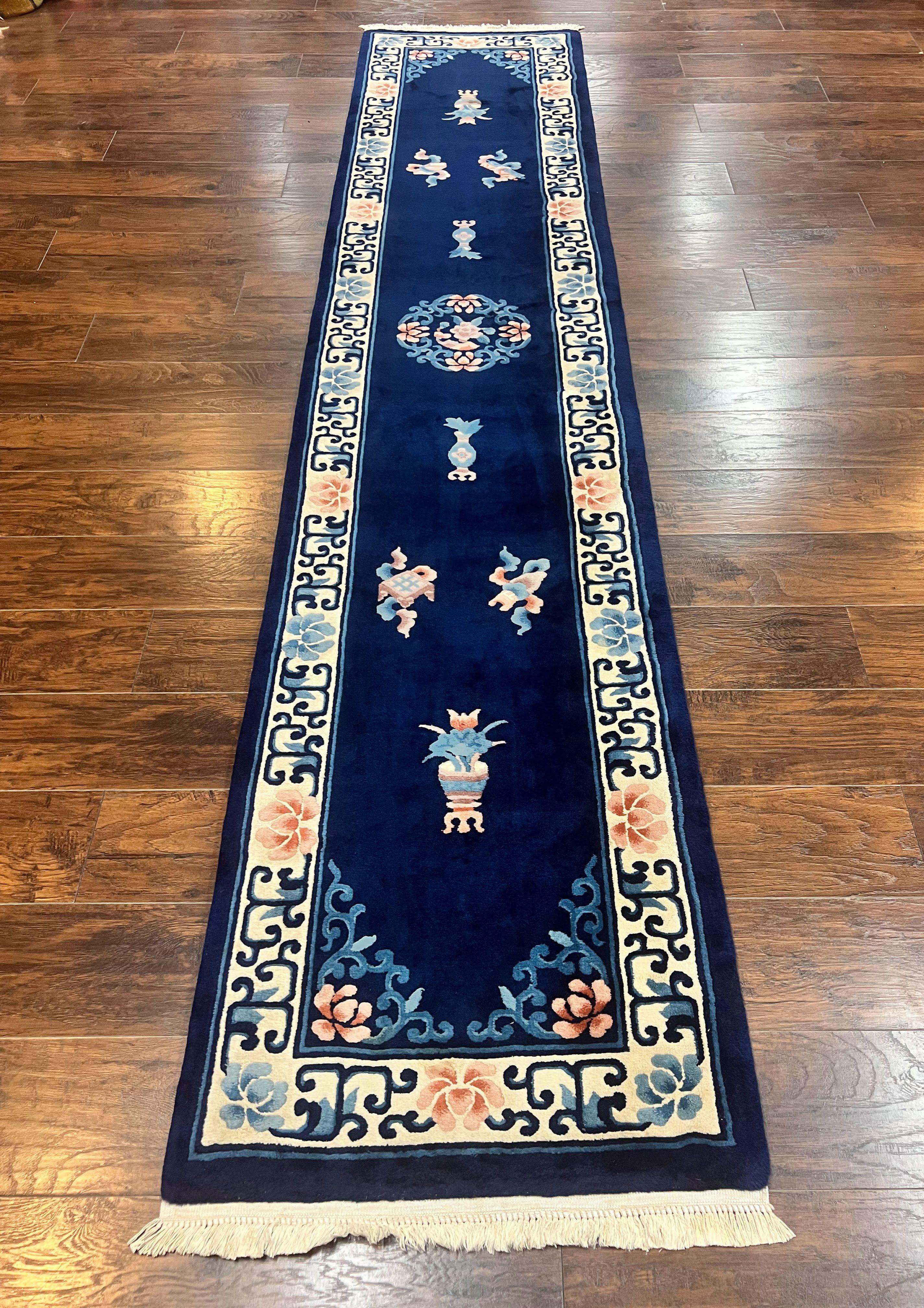 Chinese Wool Runner Rug 2.6 x 12, Blue and Beige, Handmade Vintage Wool Rug for Hallway, 12ft Runner, Asian Oriental Art Deco 90 Line Rug - Jewel Rugs