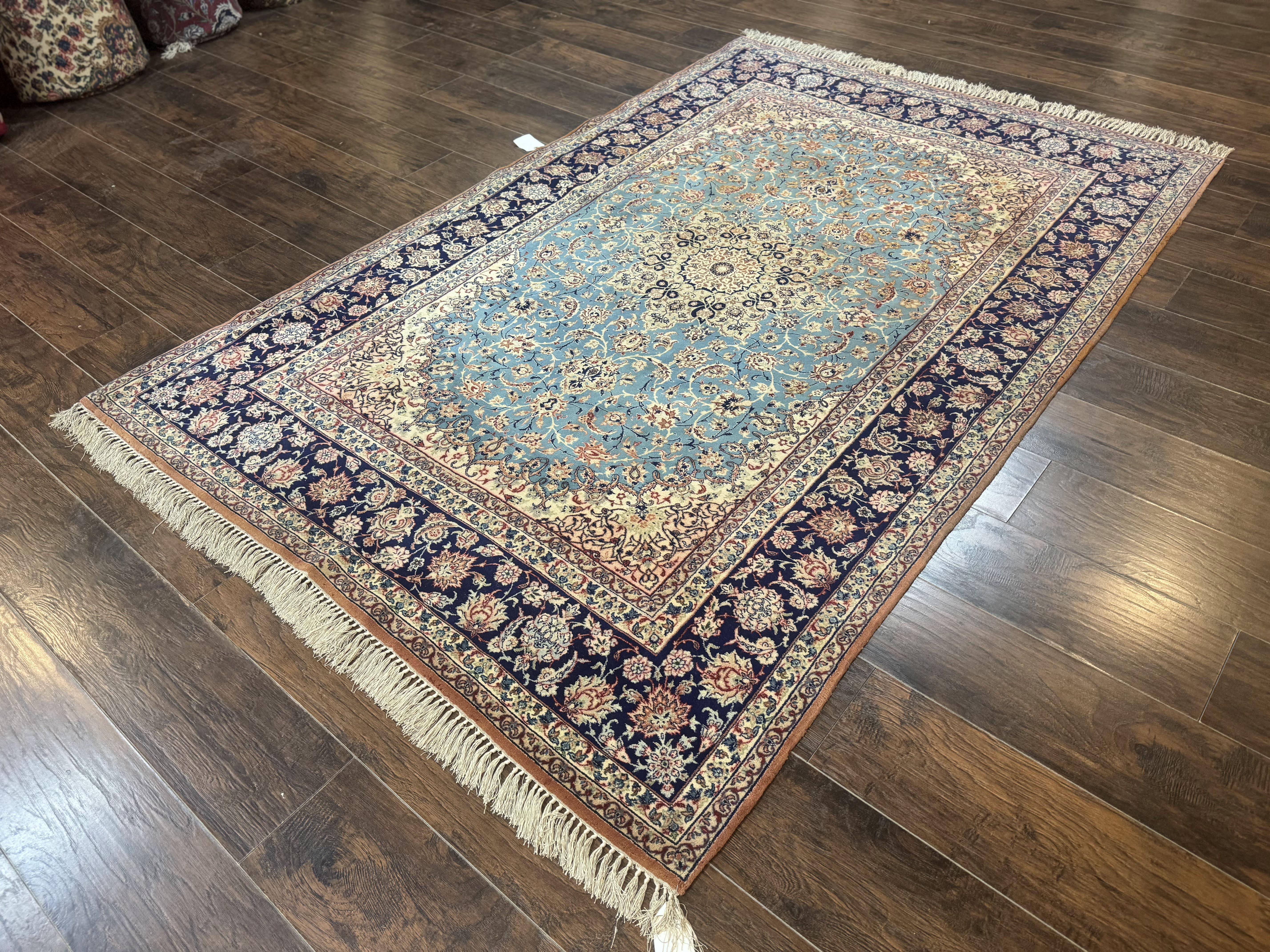 Light Blue Persian Isfahan Rug 5x8, Floral Medallion, Wool on Silk Foundation, Very Fine 530 KPSI, Handmade Carpet - Jewel Rugs