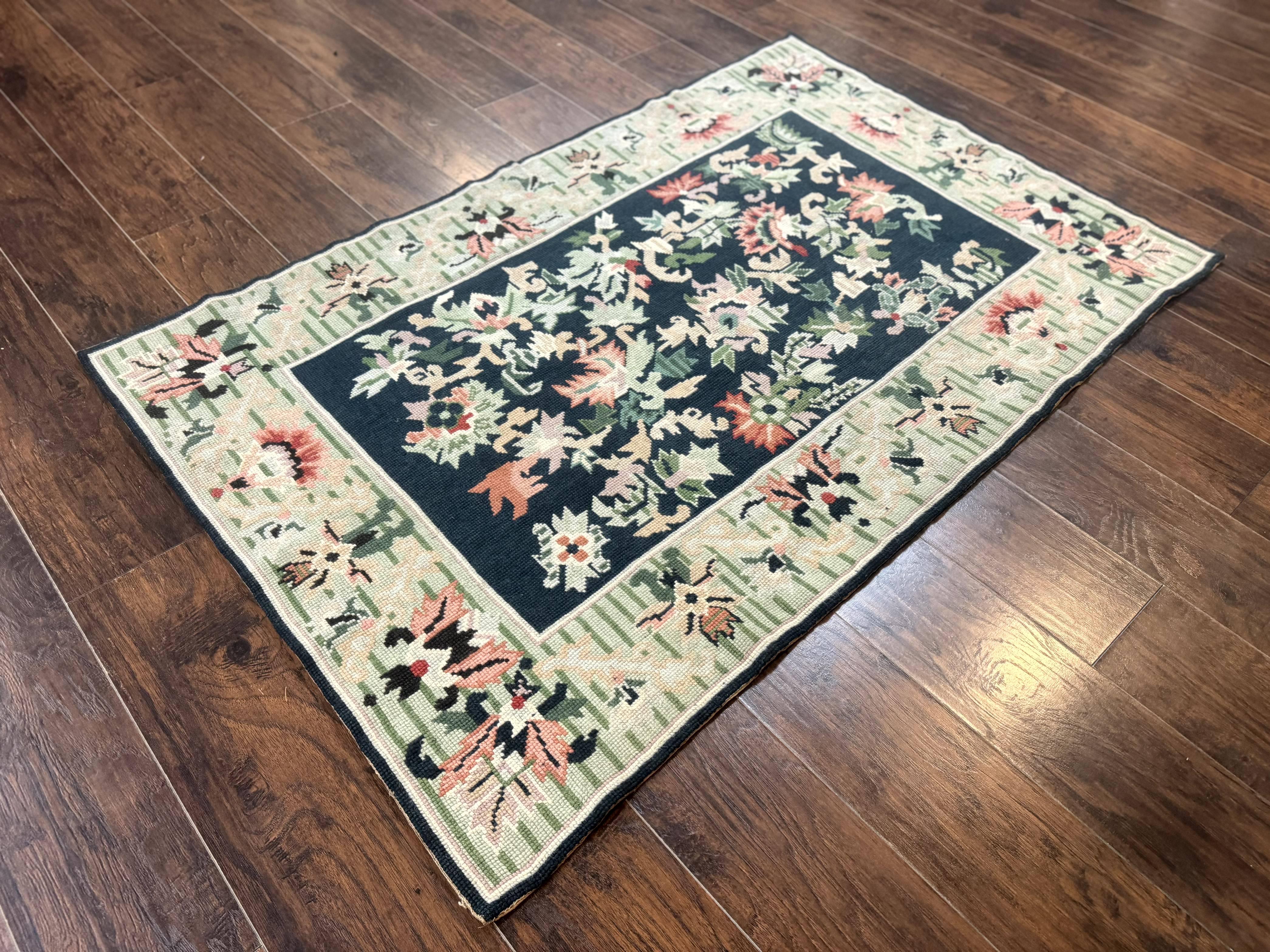 Vintage American Needlepoint Rug 4x6, Dark Green, Wool, Handmade, Flatweave Carpet - Jewel Rugs