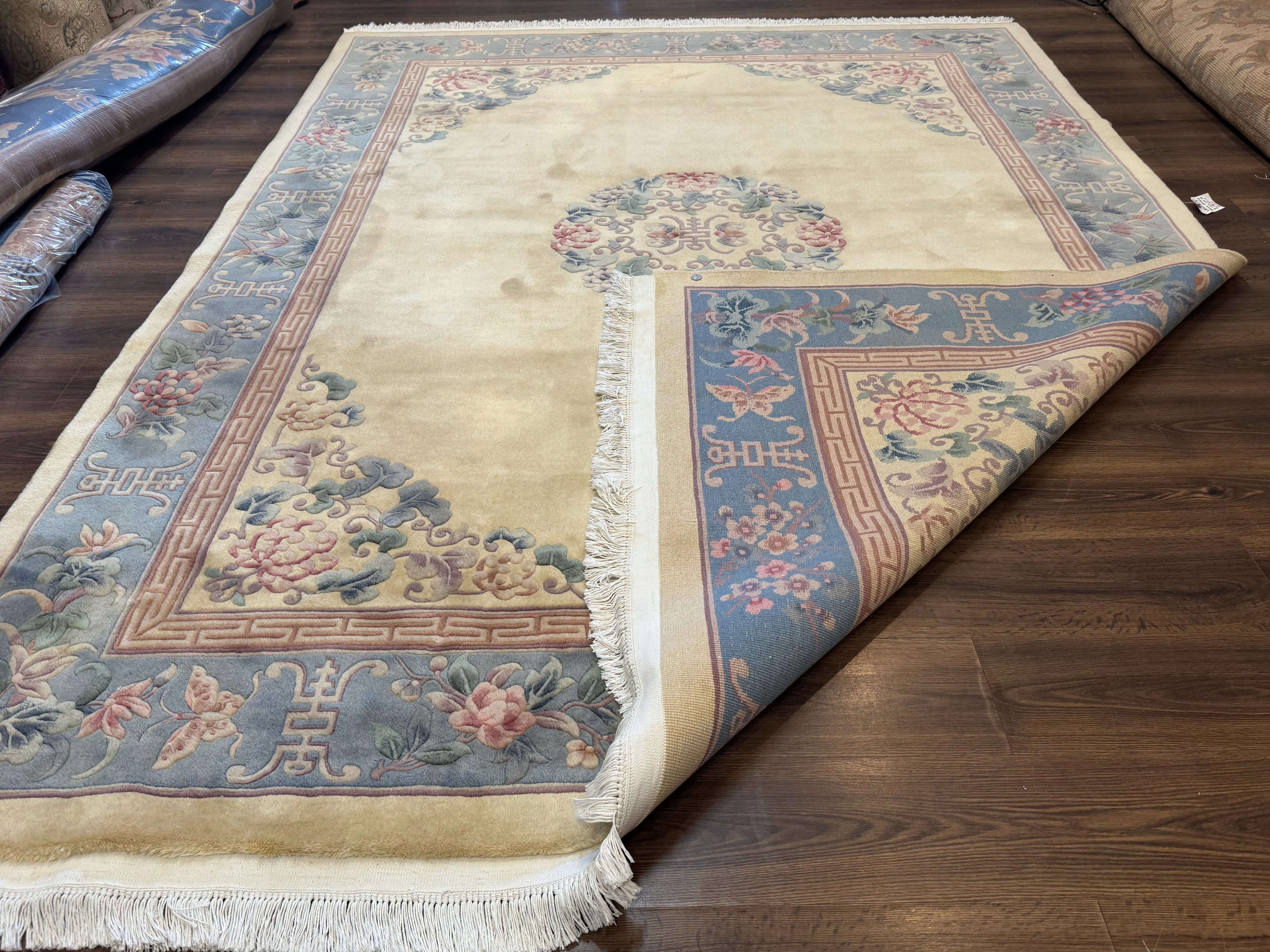 Chinese Wool Rug 8x10, Chinese 90 Line Carpet, Carving Sculpted Rug, Cream and Light Blue - Jewel Rugs