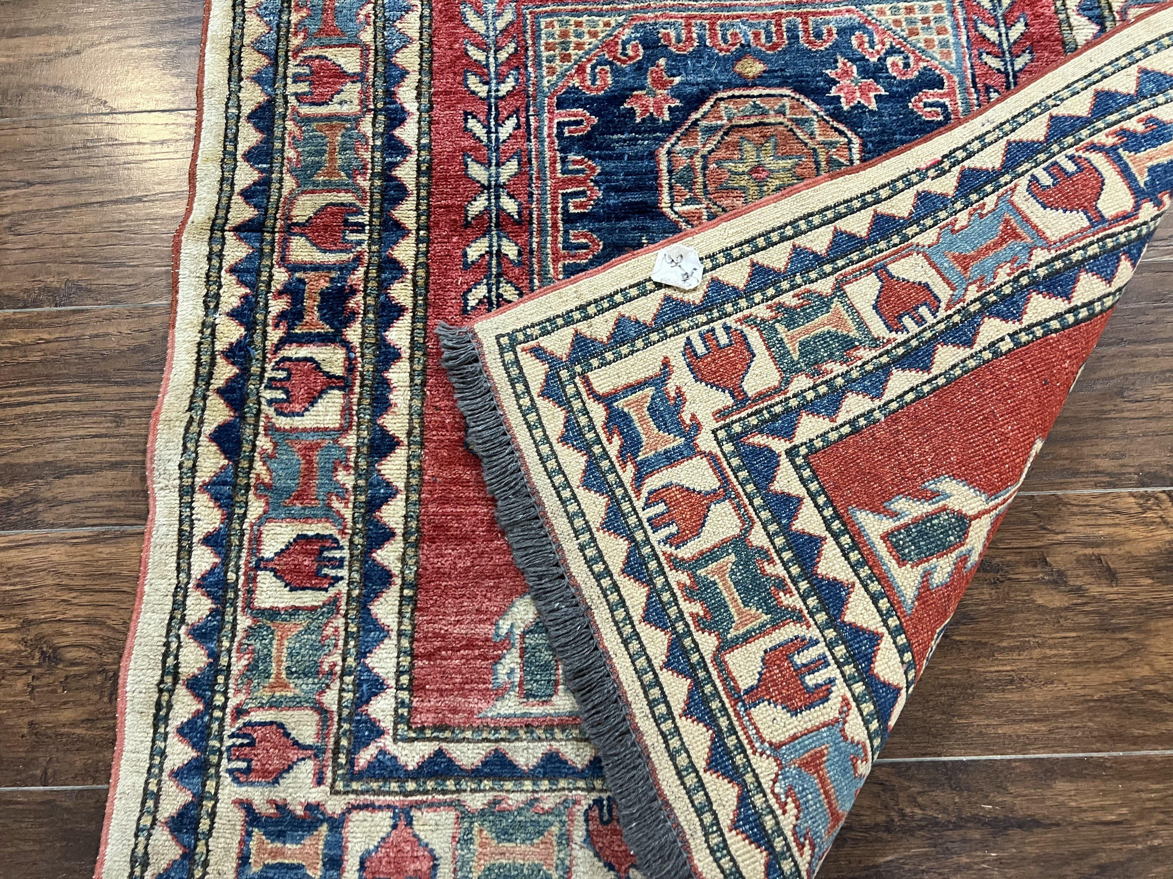 Turkish Kazak Rug 3x4, Wool Hand Knotted Small Vintage Carpet, Red Navy Blue, 3 x 4 Oriental Rug, Geometric Design - Jewel Rugs