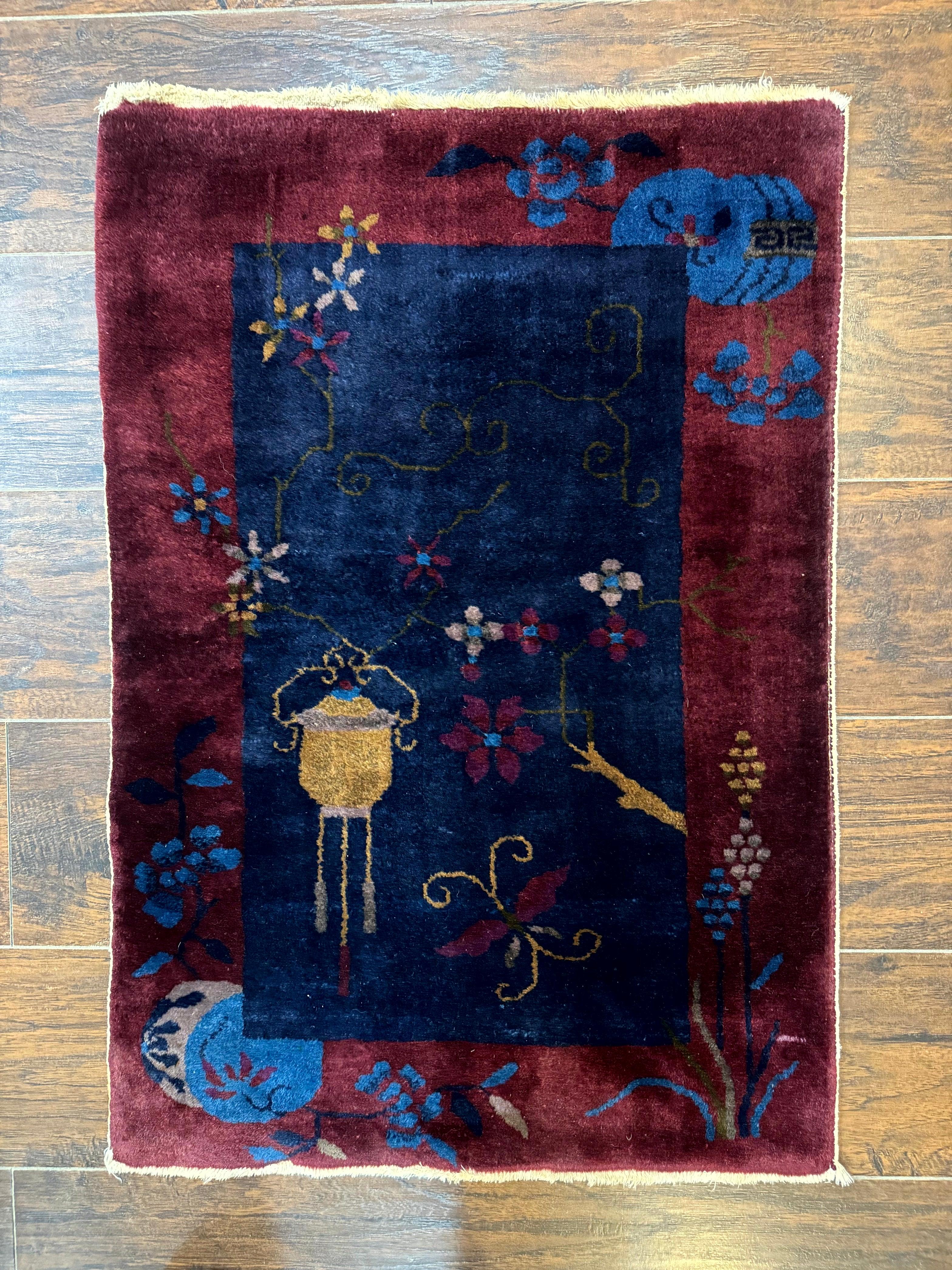 Chinese Art Deco Rug 2x3, Small Chinese Antique Wool Carpet, Nichols Rug - Jewel Rugs
