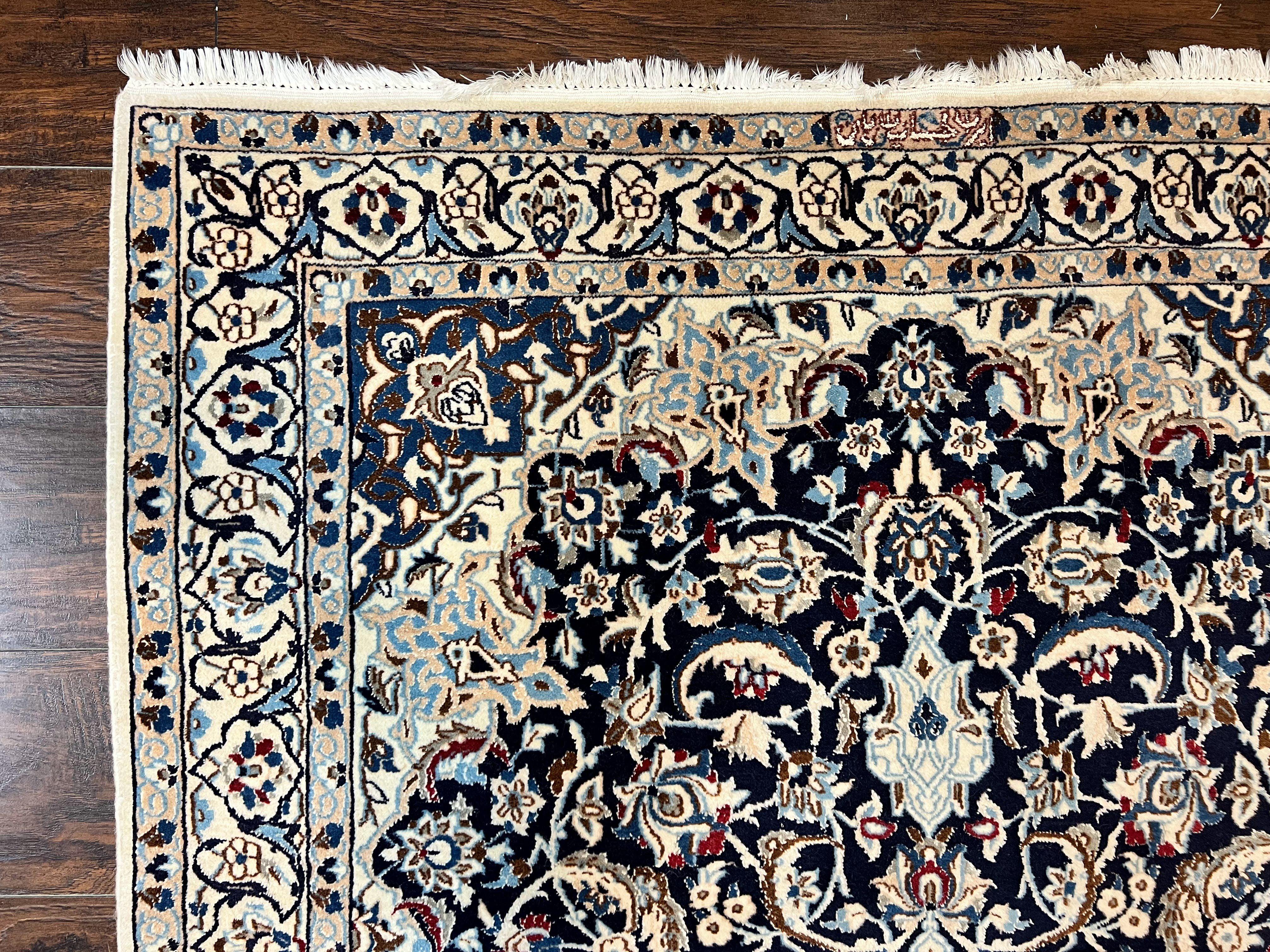 Persian Nain Rug 4x6, Floral, Hand Knotted Vintage Wool & Silk Highlights, Signature from Masterweaver, Navy Blue and Ivory - Jewel Rugs