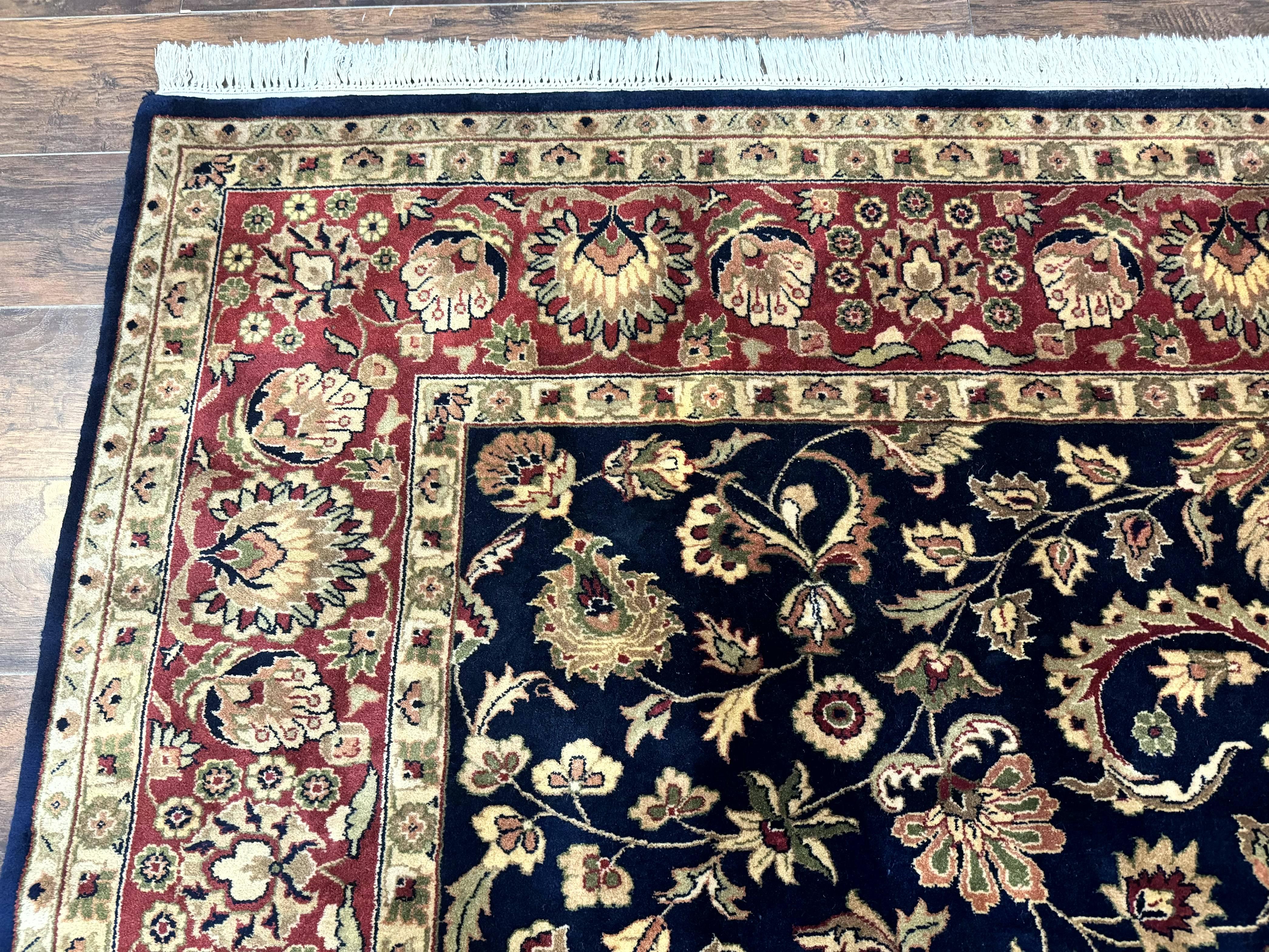 Indo Persian Rug 8x10, Navy Blue and Red, Floral Allover, Hand Knotted Vintage Wool Carpet, Indo Sarouk - Jewel Rugs