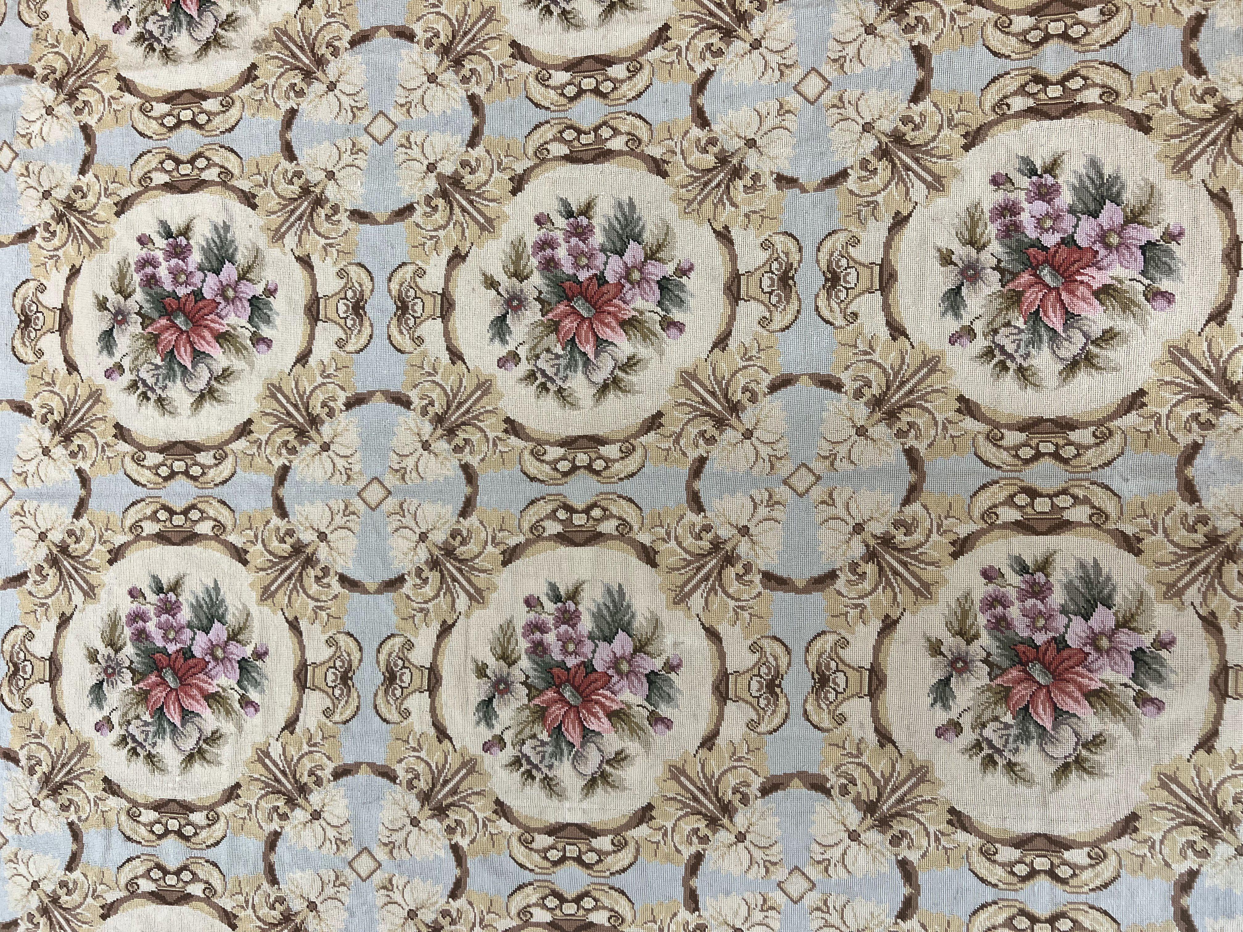 Chinese Needlepoint Rug 8x11, Handmade Wool Needlepoint Carpet, Vintage, Sky Blue - Jewel Rugs