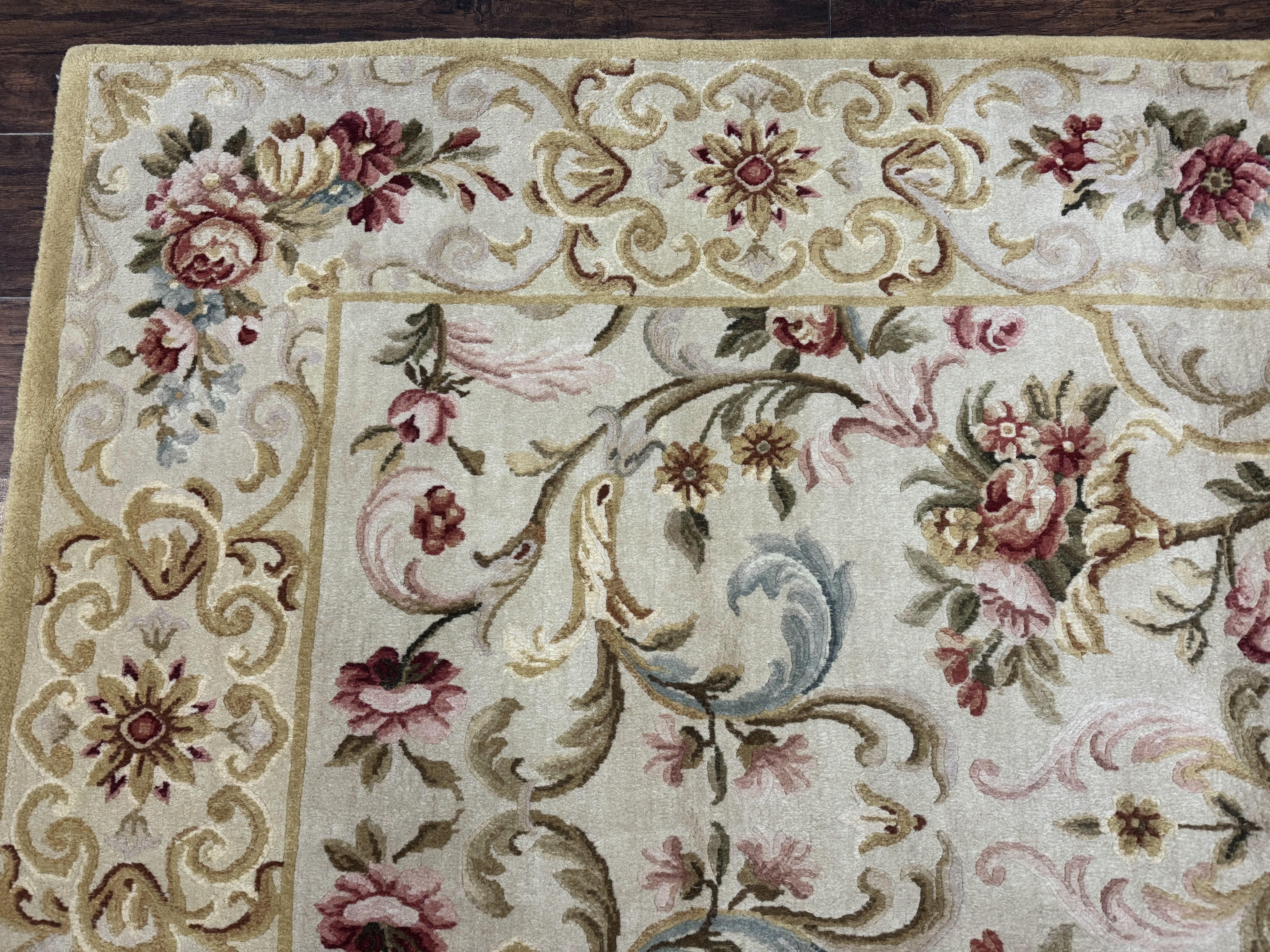 Aubusson Rug 8x10, French European Design, Vintage Handmade Wool Carpet, Aubusson Rug with Pile, Floral - Jewel Rugs