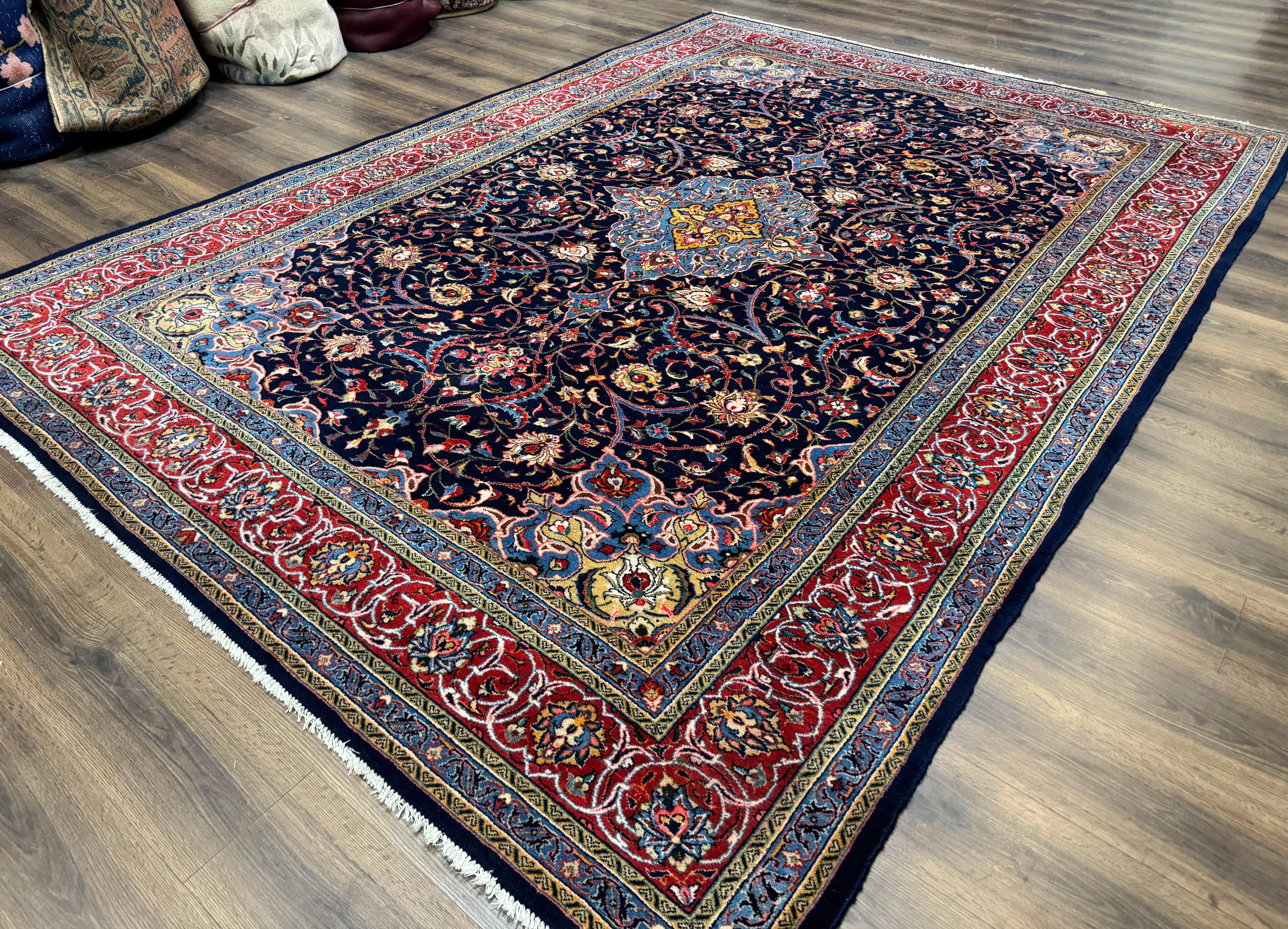 Navy Blue Persian Sarouk Rug 8x11 - Unique Floral Medallion - Jewel Rugs