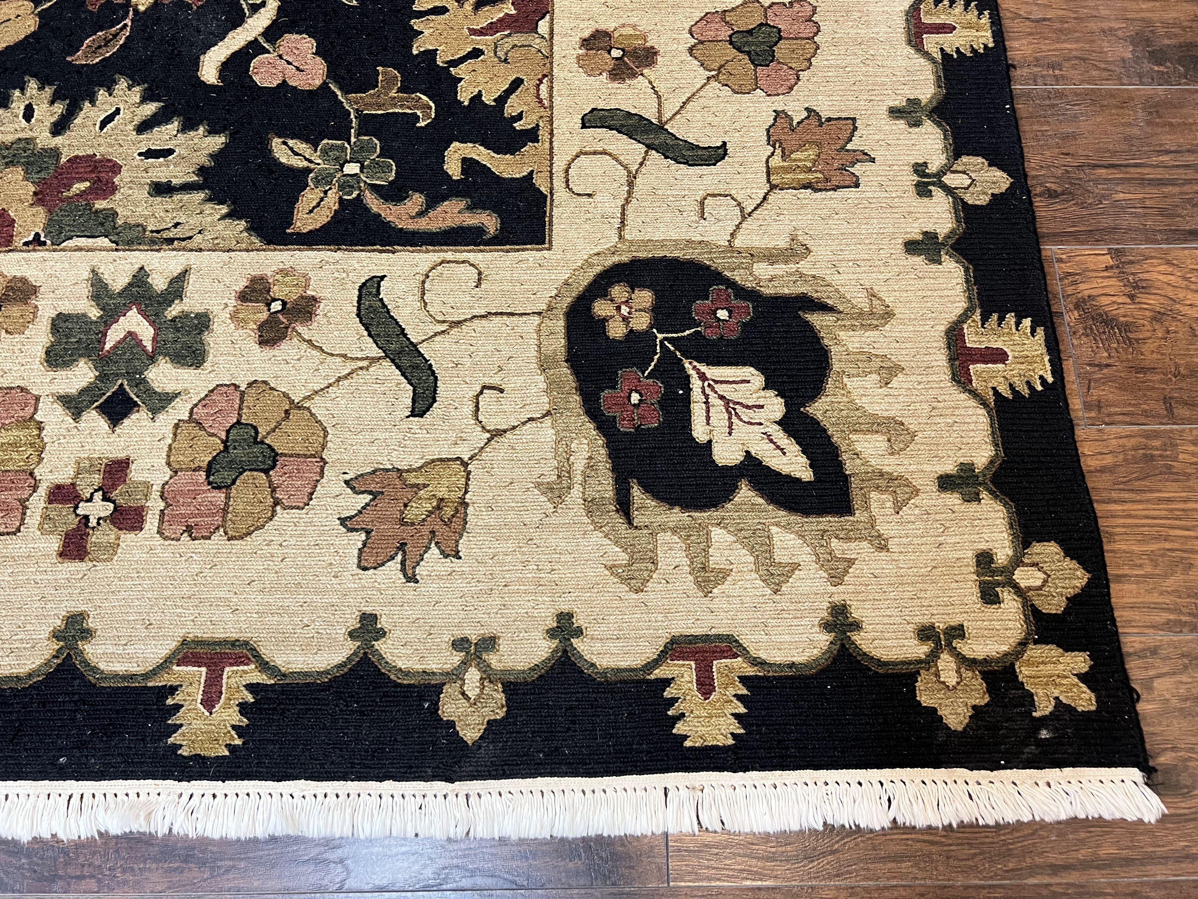 Indo Persian Rug 10x14, Wool Handmade Room Sized Floral Oriental Carpet, Indian Mahal Flatweave Rug, Black Beige - Jewel Rugs
