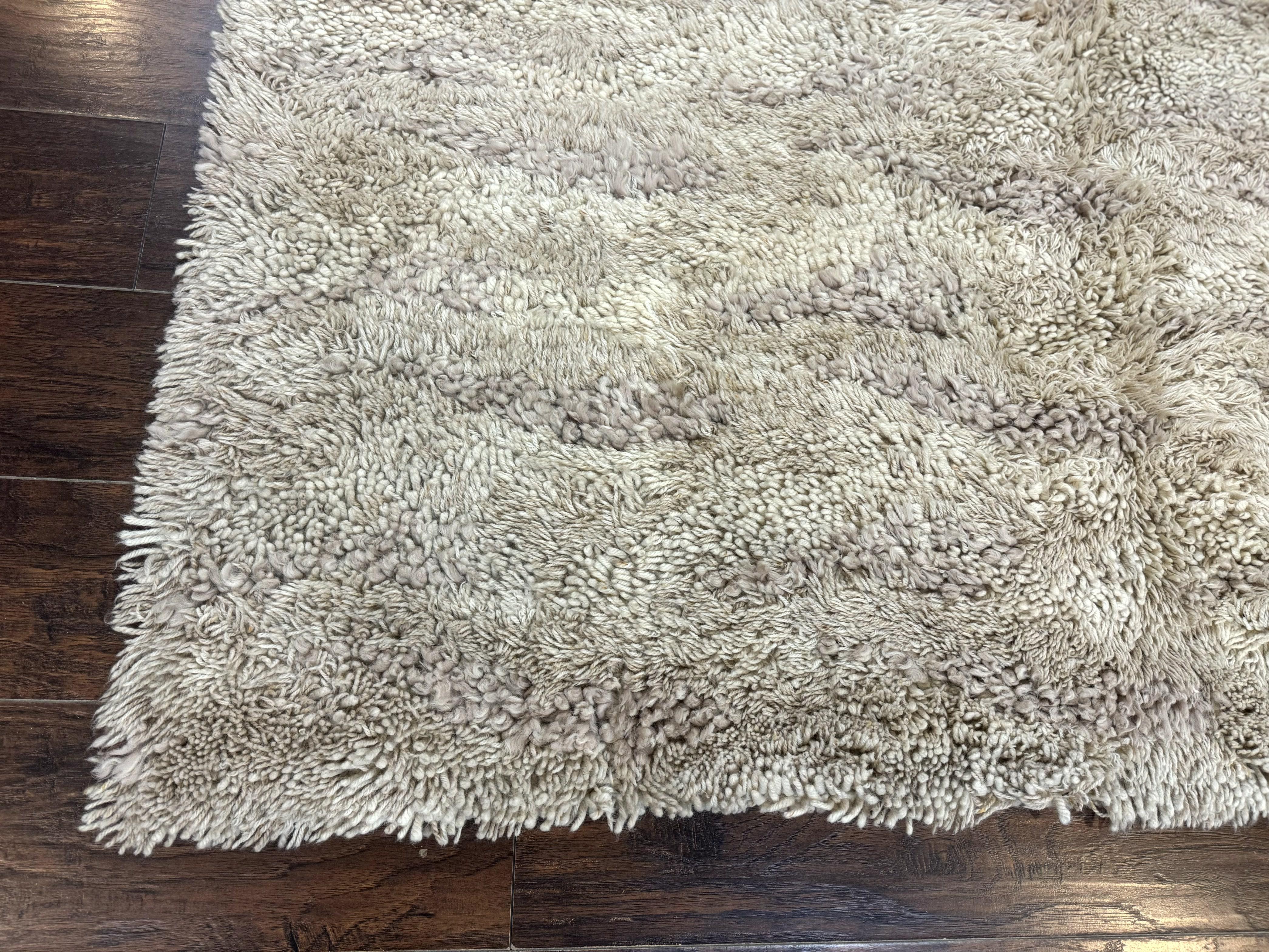 European Rya Shag Rug 6.6 x 9.7, Beige, Fluffy Vintage Area Rug - Jewel Rugs