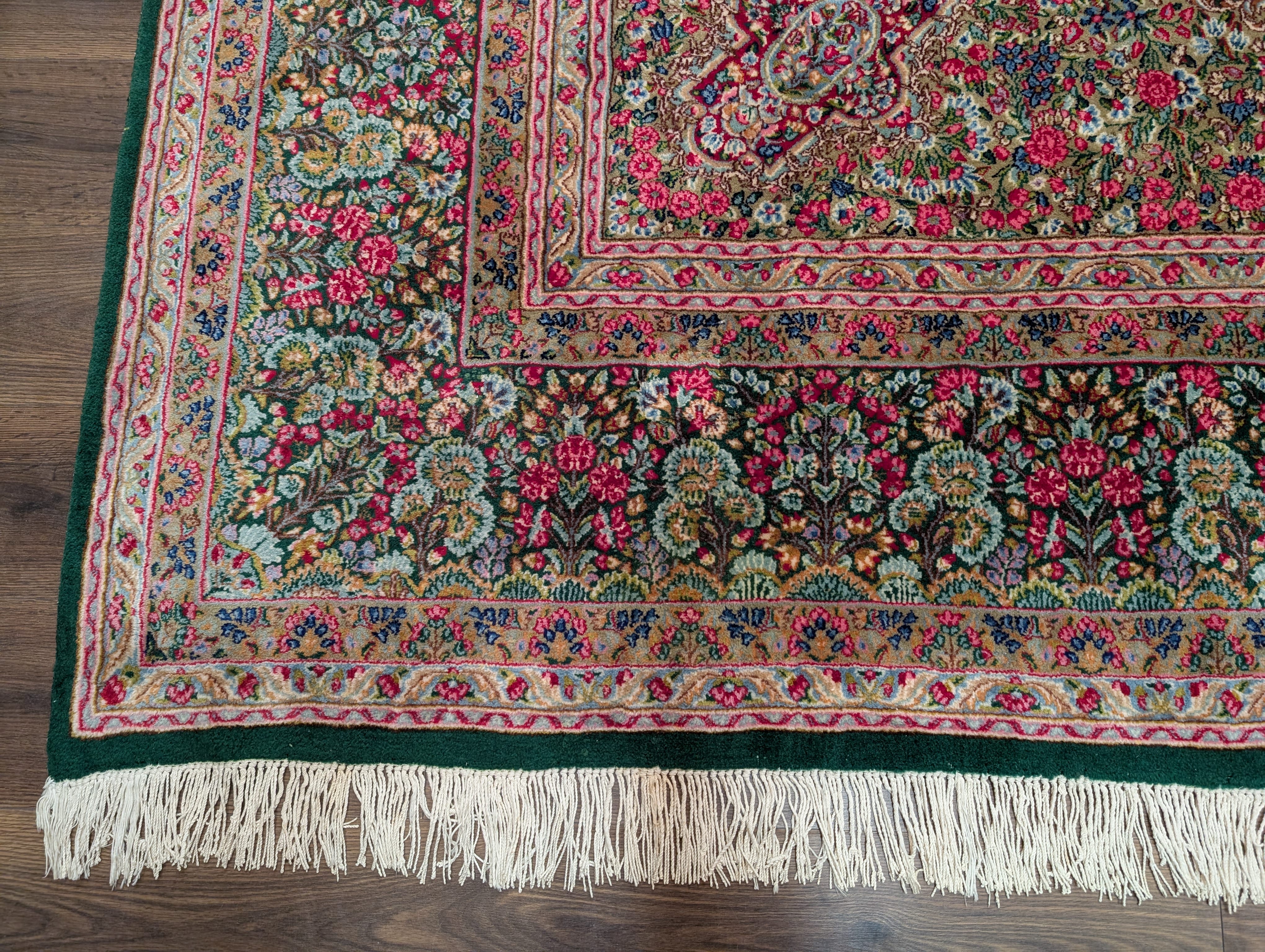 Persian Kerman Rug 10x13, Millefleur Floral Allover Pattern, Hand-Knotted Wool Carpet, Dark Green, Multicolor - Jewel Rugs