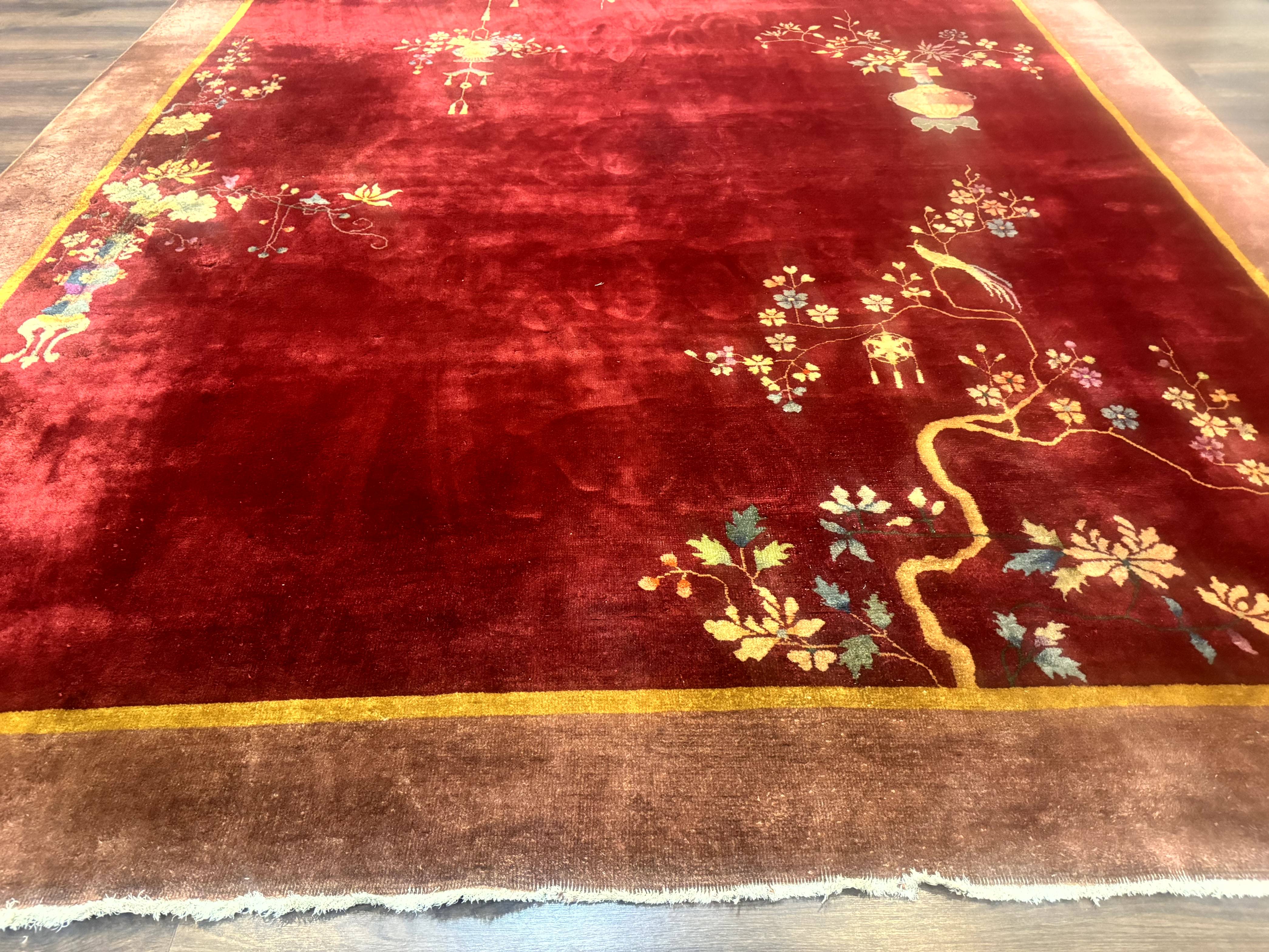 Red Chinese Art Deco Rug 9x11, Simple Design, Wool Chinese Area Rug, Antique - Jewel Rugs