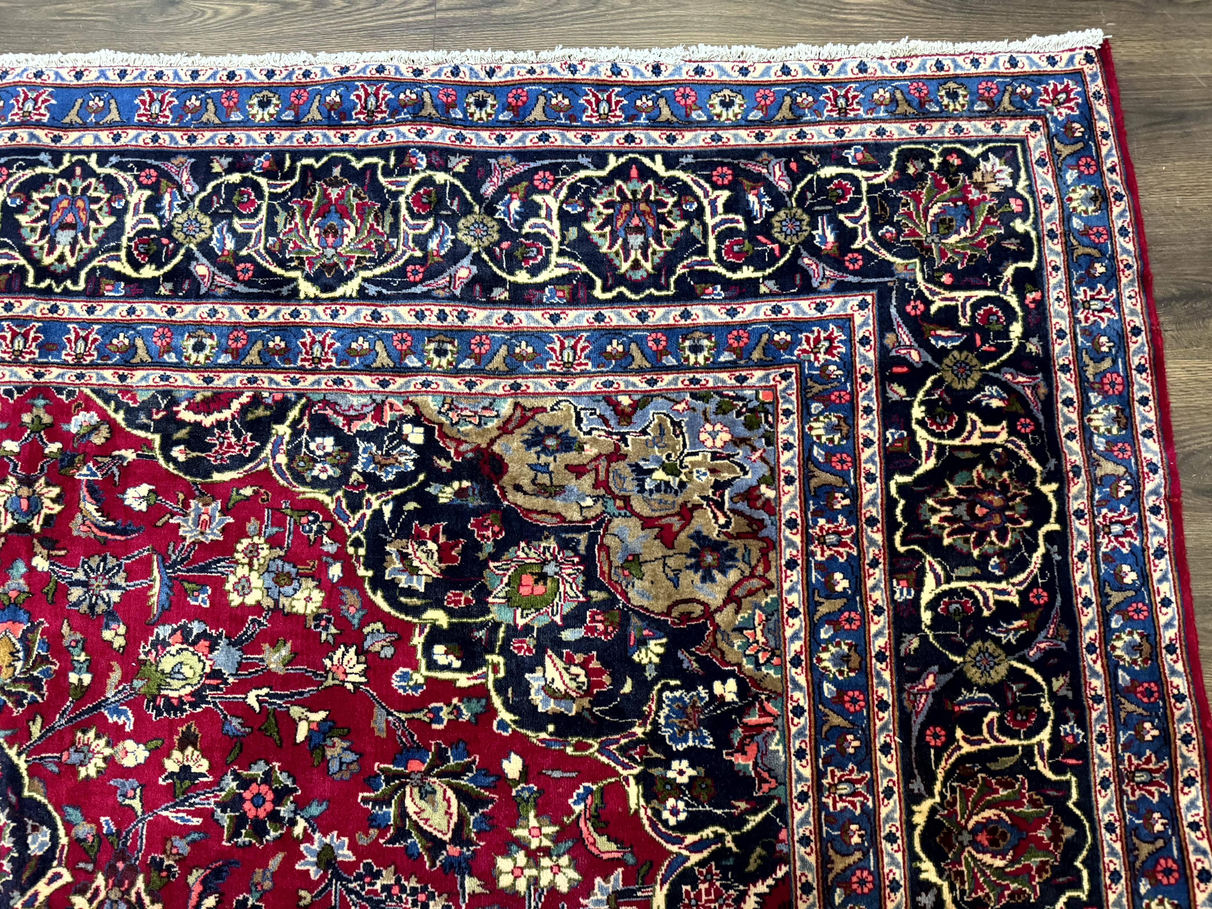 Traditional Persian Rug 8x11, Red Navy Blue, Floral Medallion, Antique Persian Mashad Carpet, Wool - Jewel Rugs