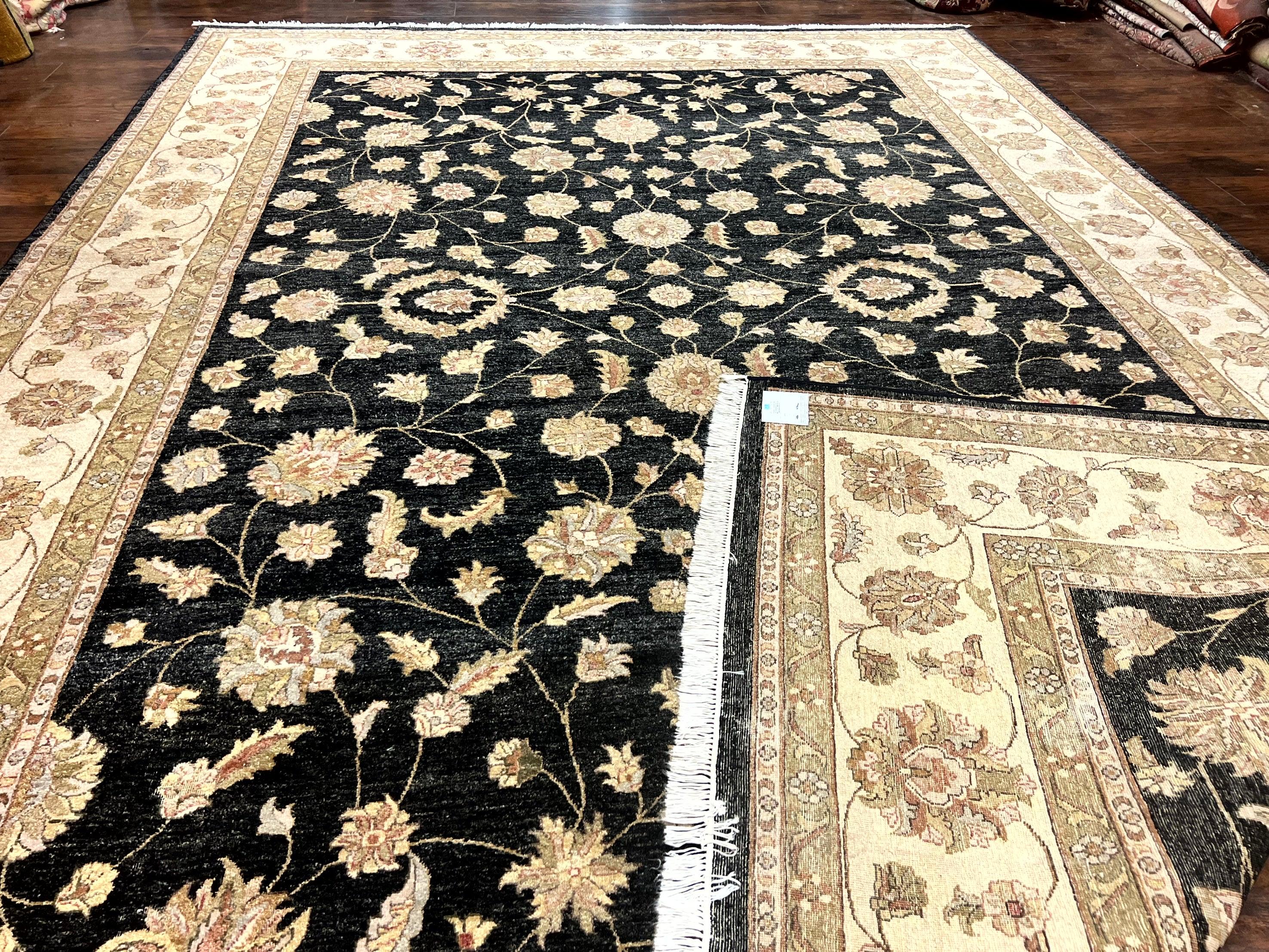 Indo Persian Rug 10x14, Charcoal and Beige, Floral Allover, Handmade Vintage Wool Carpet - Jewel Rugs