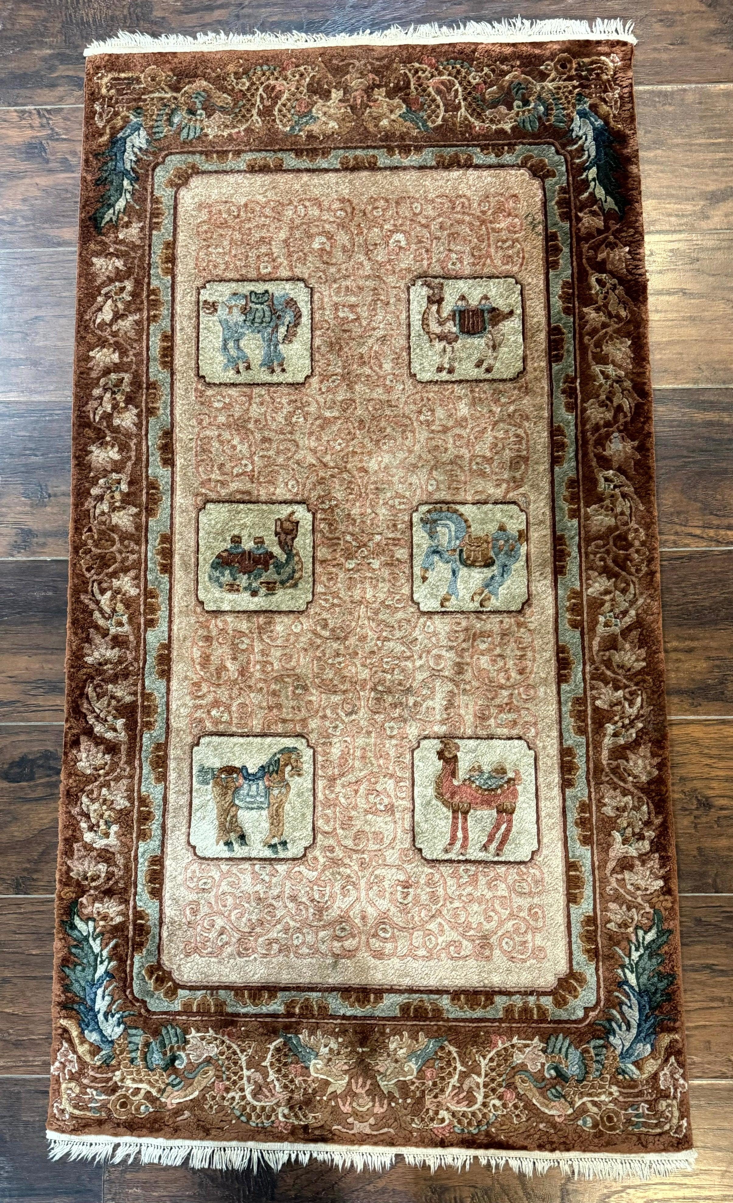 Silk Chinese Rug 2x4, Animal Pictorials Camel Horse Elephant, Fine 200 KPSI - Jewel Rugs