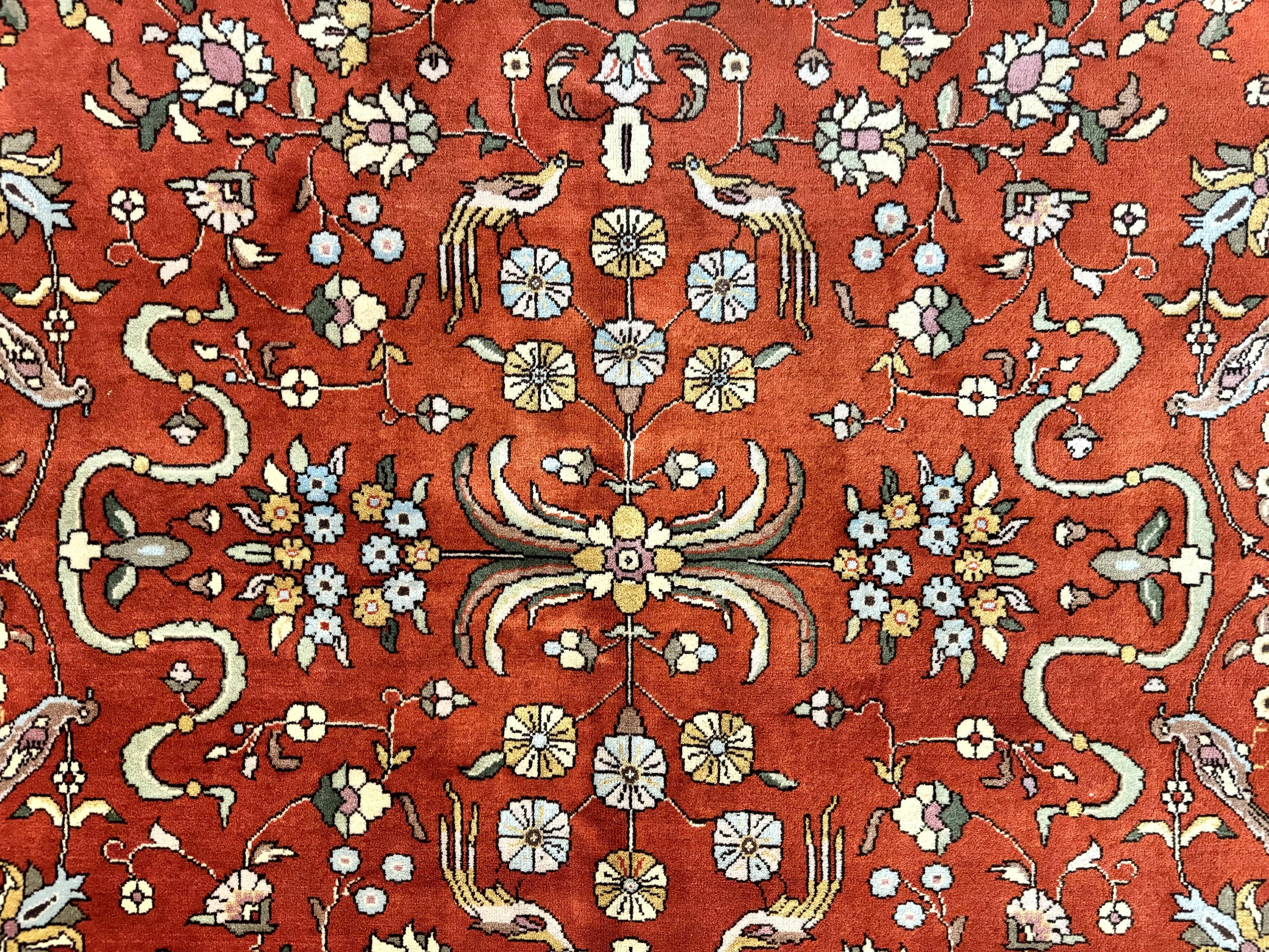 Romanian Rug 10x13, Vintage Handmade Wool Carpet, Floral Pattern, Birds, Red and Cream, Signed By Masterweaver, Persian Rug - Jewel Rugs