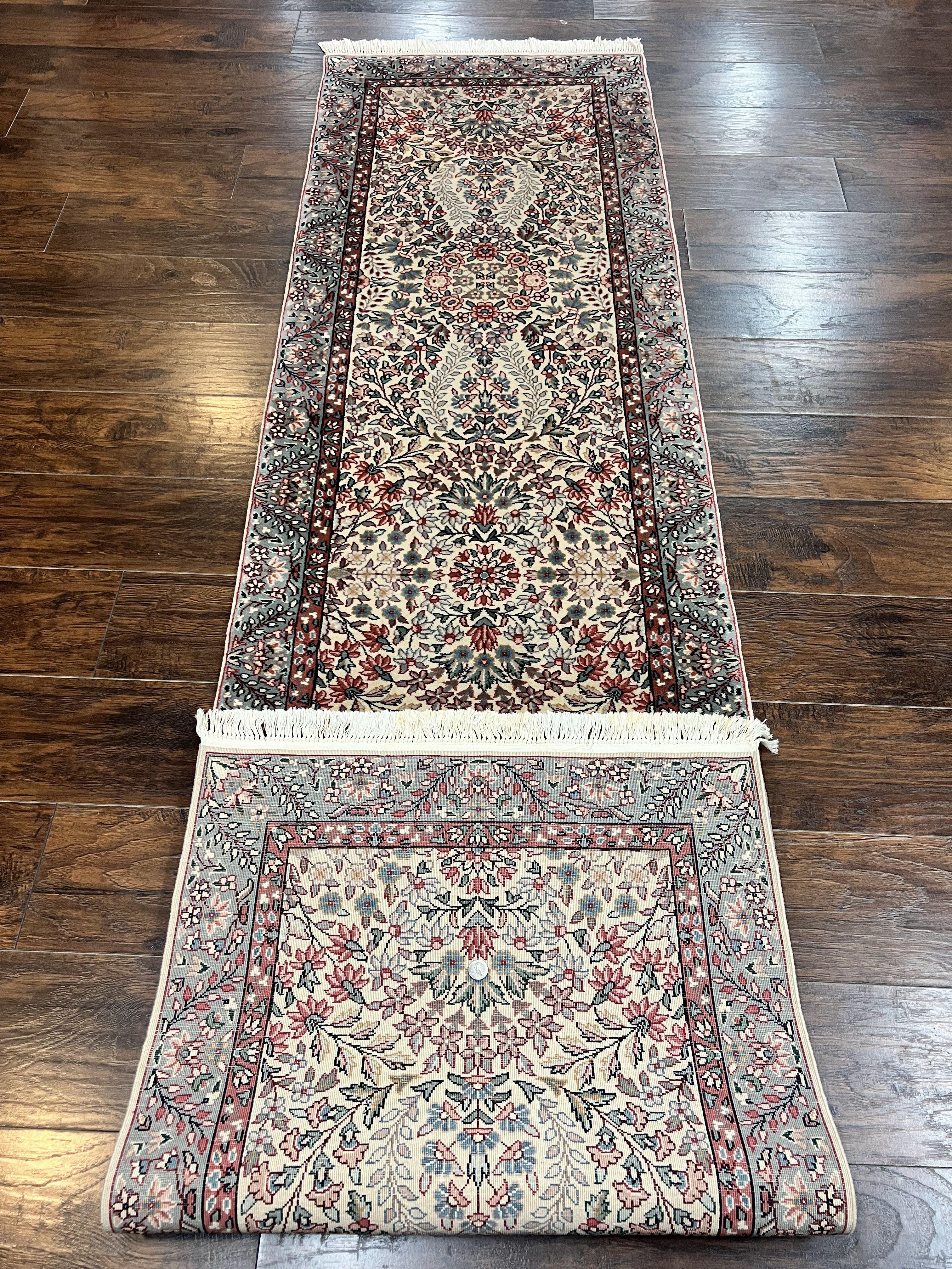Sino Persian Runner Rug 2.7 x 10, Floral Kirman Lavar Carpet for Hallway, Cream, Handmade Wool Vintage Rug - Jewel Rugs