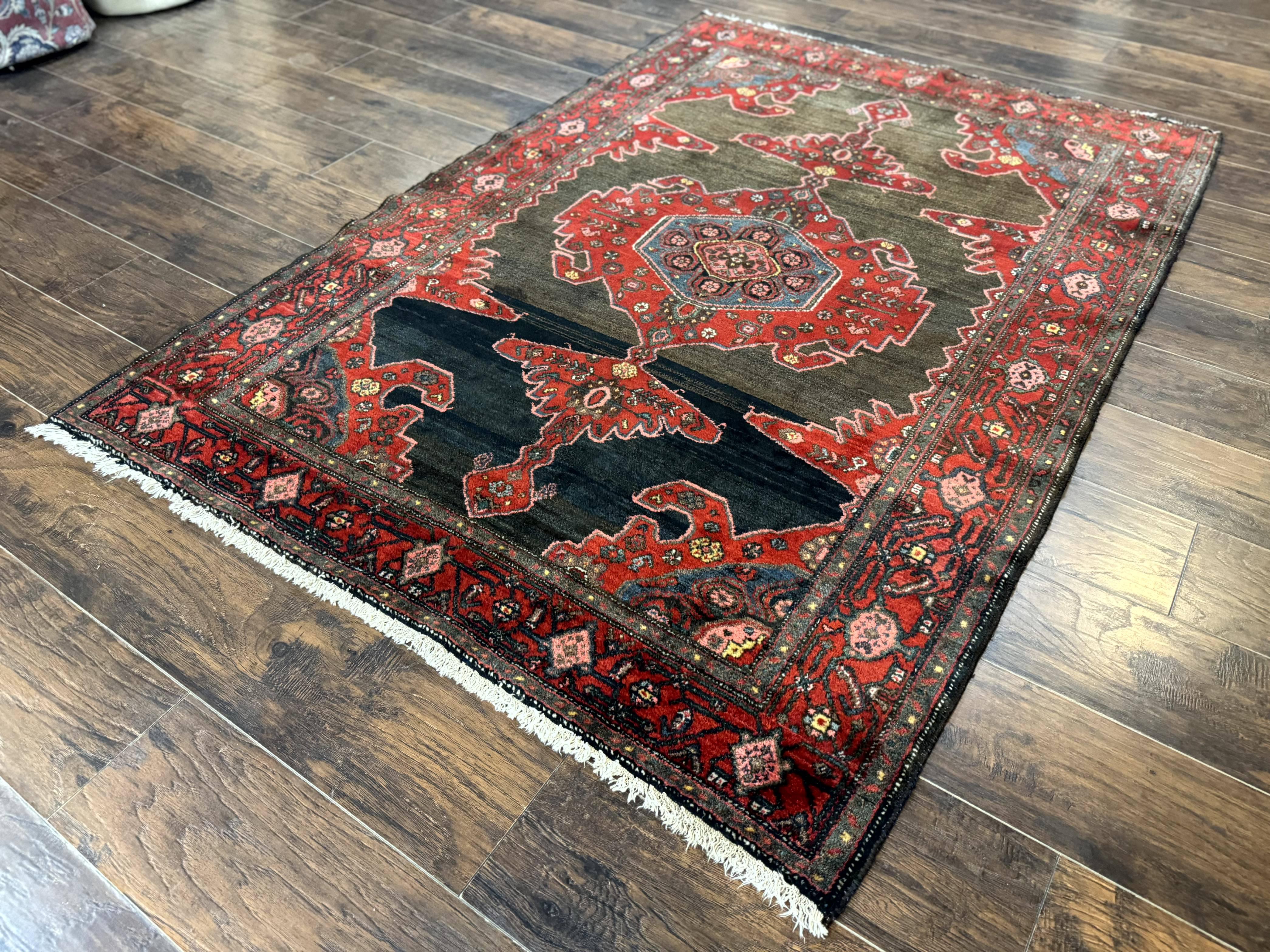 Antique Persian Tribal Rug 5x7, Geometric Wool Carpet, Kurdish Senneh Rug - Jewel Rugs