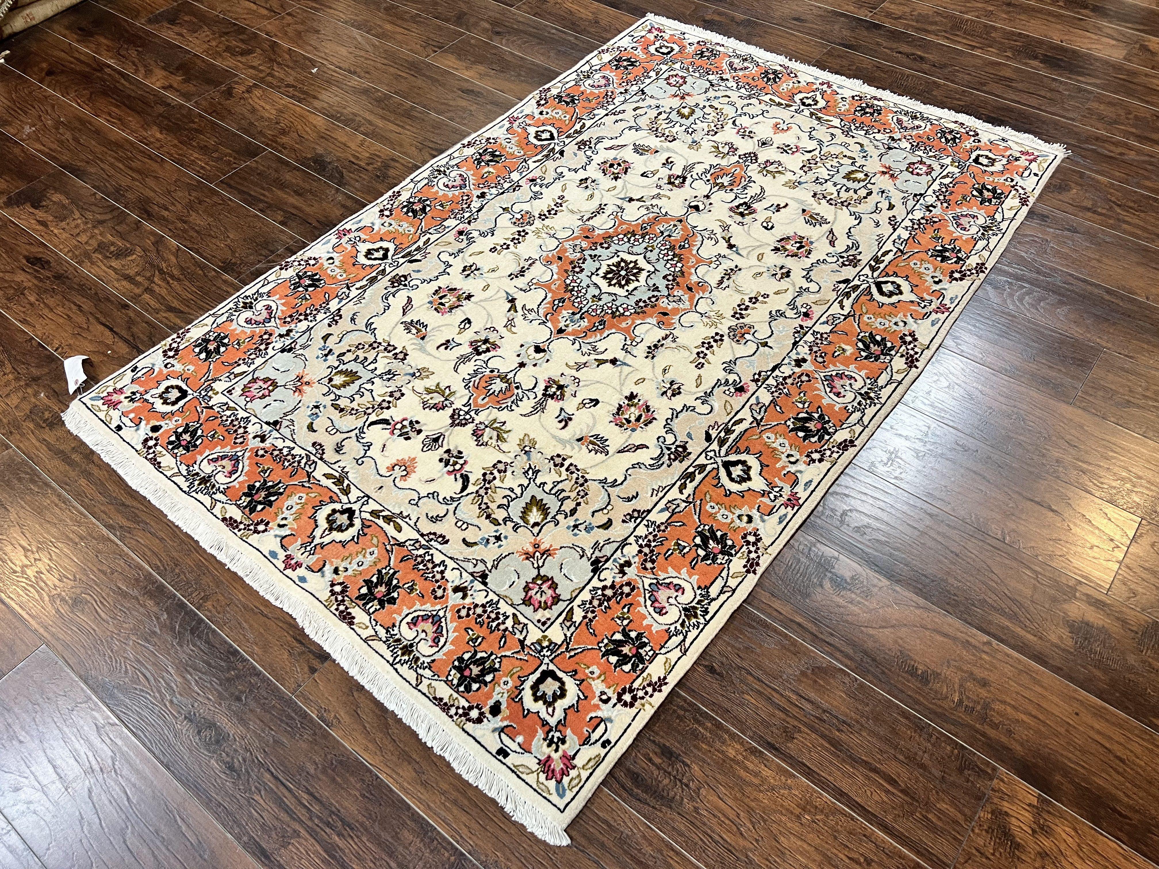 Persian Tabriz Rug 4.5 x 6.8, Finely Hand Knotted Wool with Silk Highlights Vintage Oriental Carpet, Cream and Salmon, High KPSI, Floral Medallion - Jewel Rugs