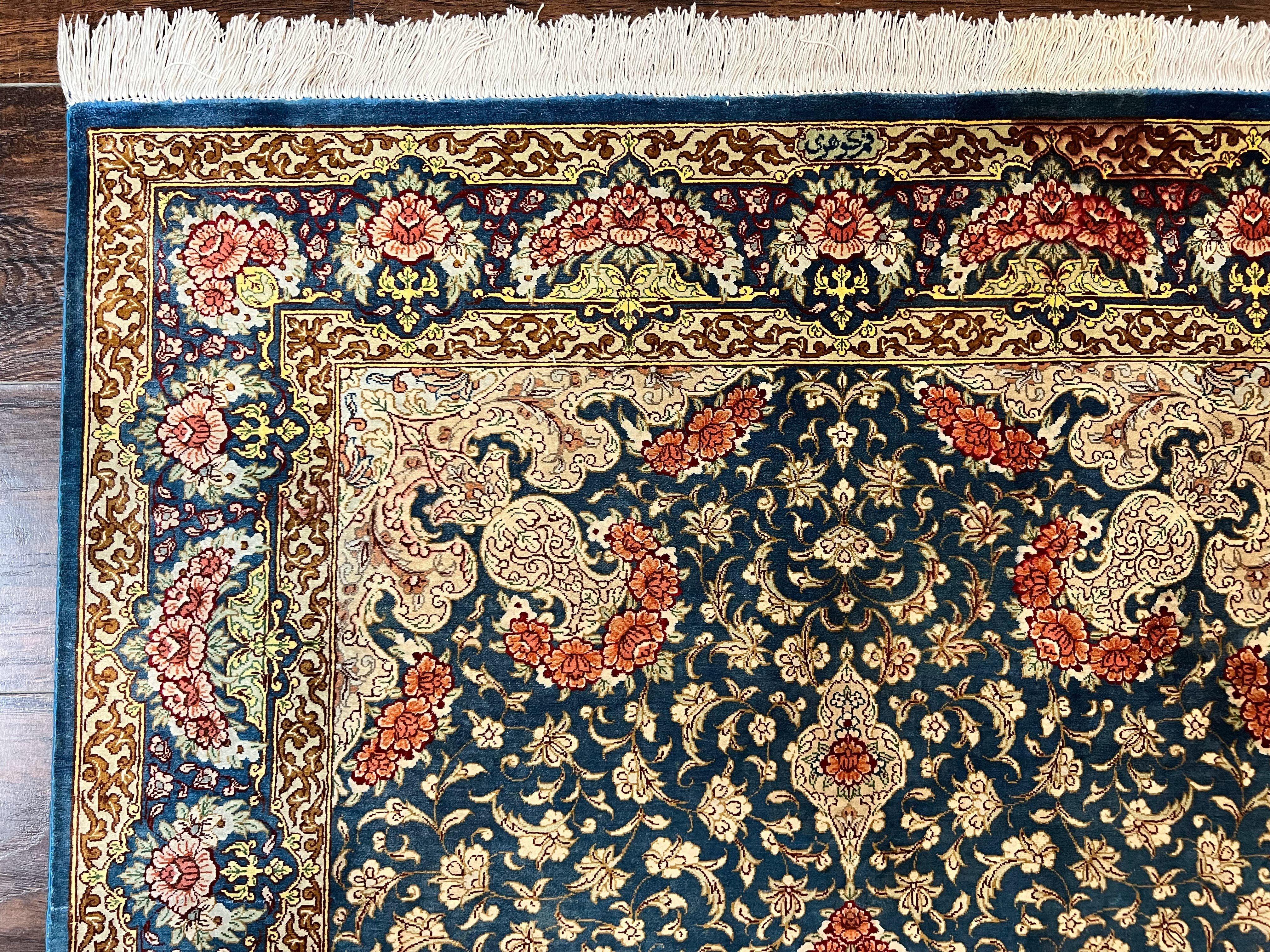 Magnificent Persian Qum Silk Rug 3x5, Blue, Super Fine 675 KPSI - 70 Raj, Floral Roses, Handmade Vintage Silk Carpet, Masterpiece - Jewel Rugs