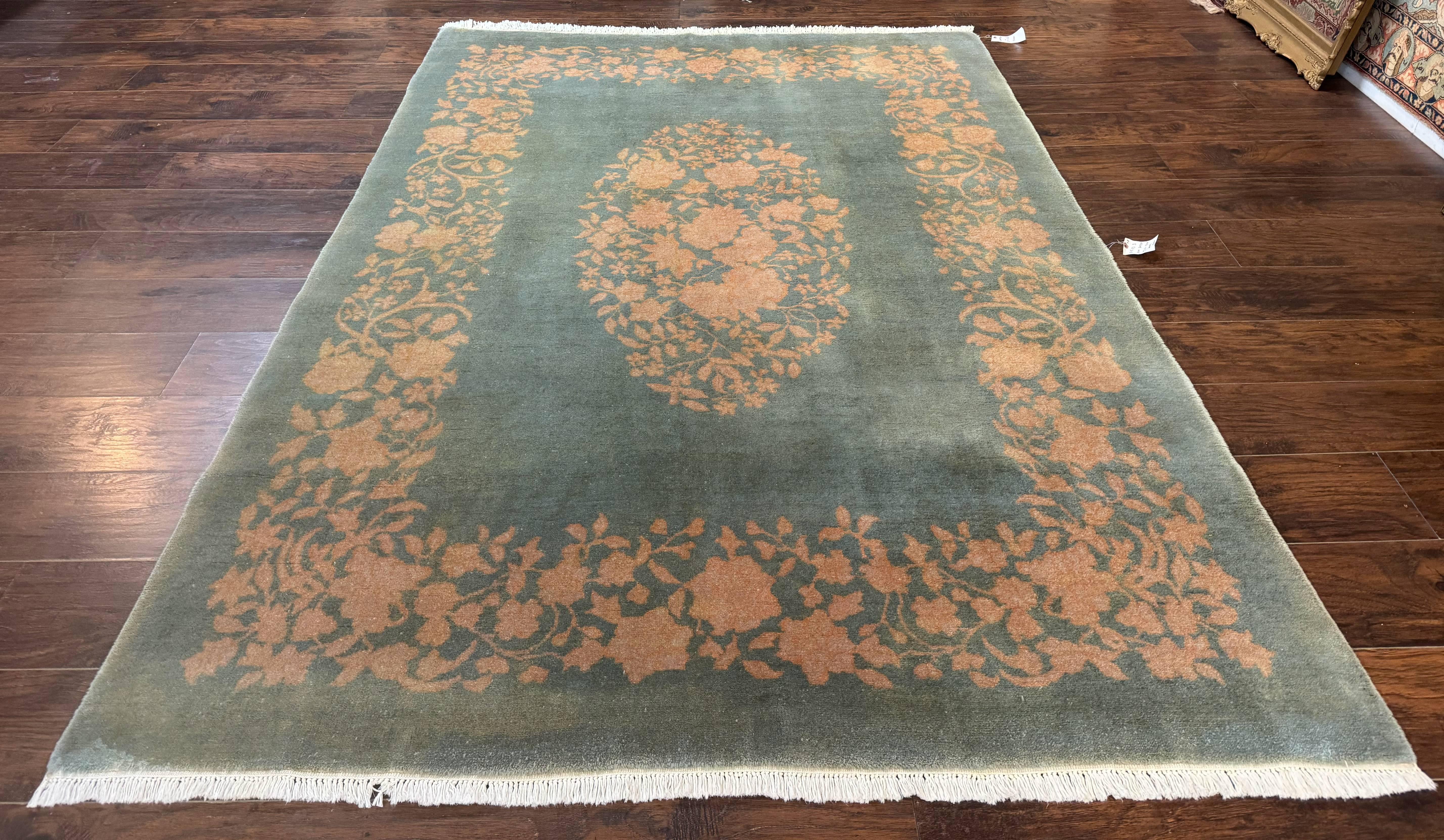 Teal Chinese Wool Rug 6x8, Vintage Handmade Carpet, Floral, Semi Open Field - Jewel Rugs