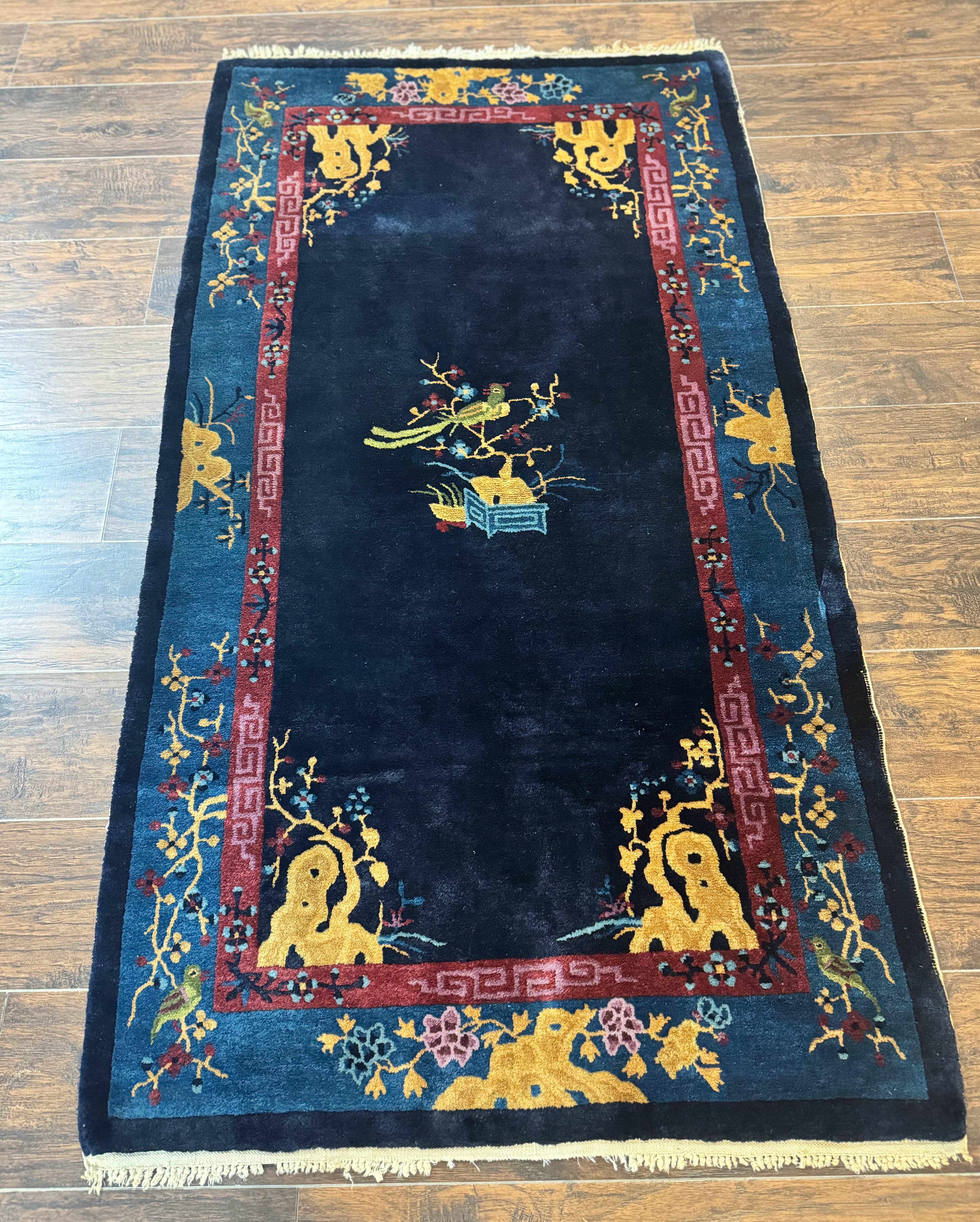 Antique Chinese Peking Rug 3x6, Dark Blue, Bird Motif, Handmade Wool Art Deco Asian Oriental Carpet, Pair B - Jewel Rugs