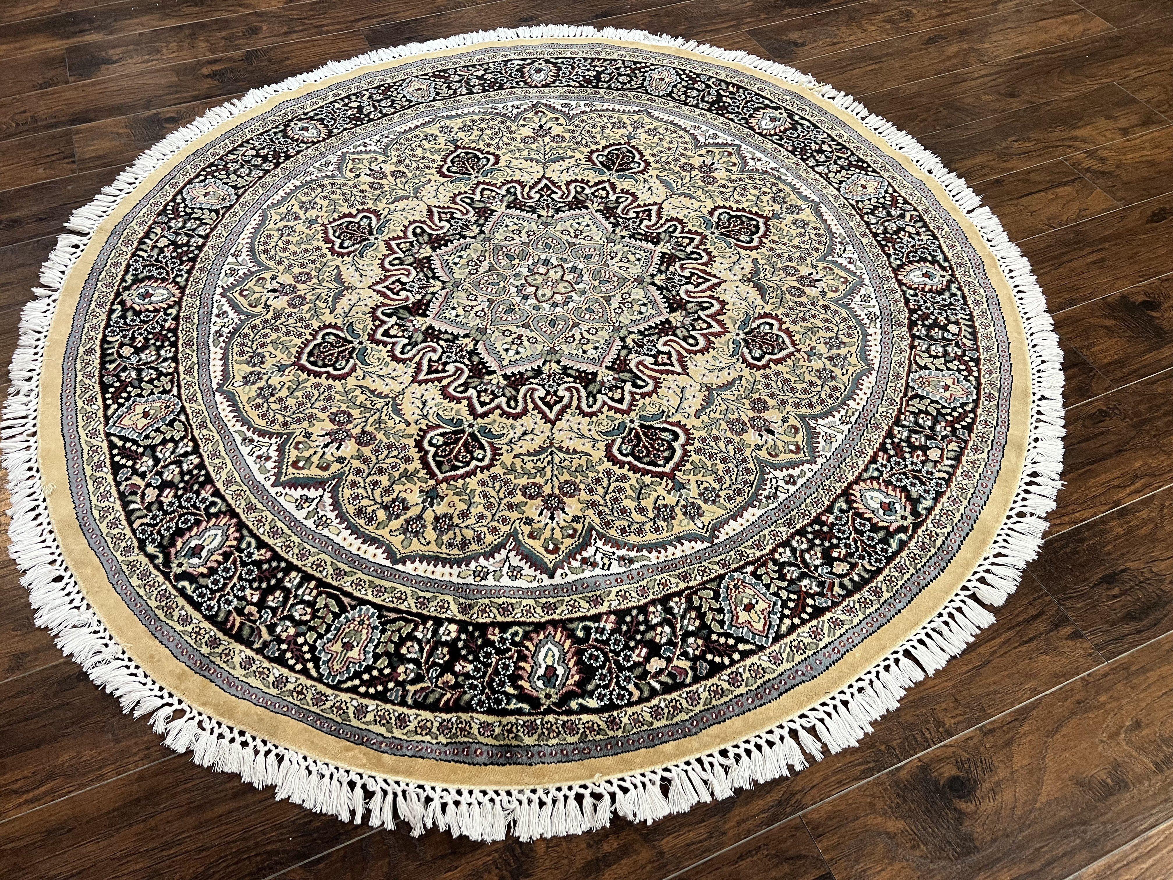 Round Silk Indian Kashmiri Rug 6x6, Hand Knotted Handmade Vintage Oriental Carpet, 6ft Round Rug with Medallion, Cream - Jewel Rugs